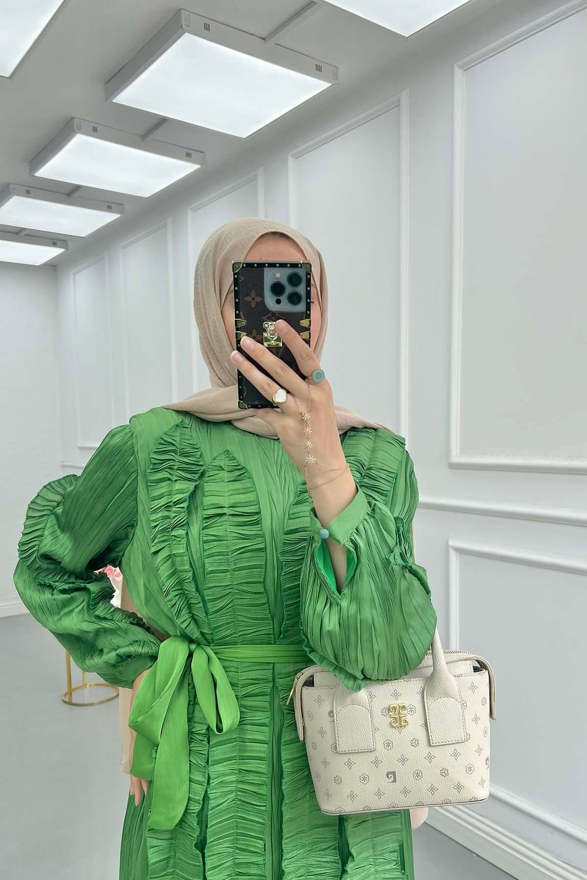 Pilise Detaylı Astarlı Elbise Benetton Yeşil