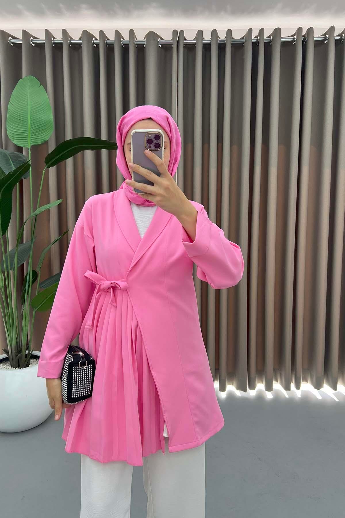 Piliseli Bağlamalı Ceket Pembe