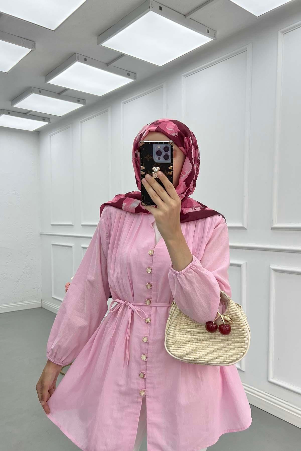 Piliseli Düğme Detaylı Gömlek Pembe