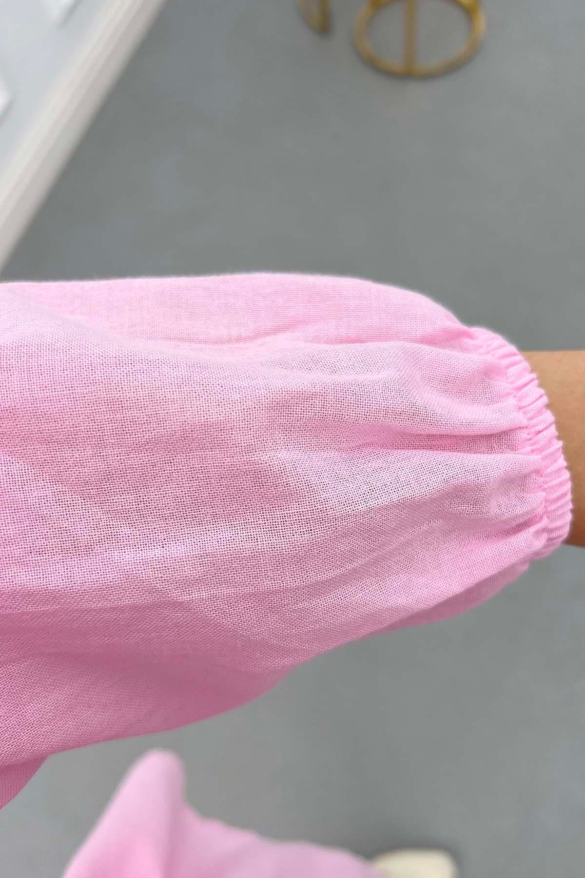 Piliseli Düğme Detaylı Gömlek Pembe