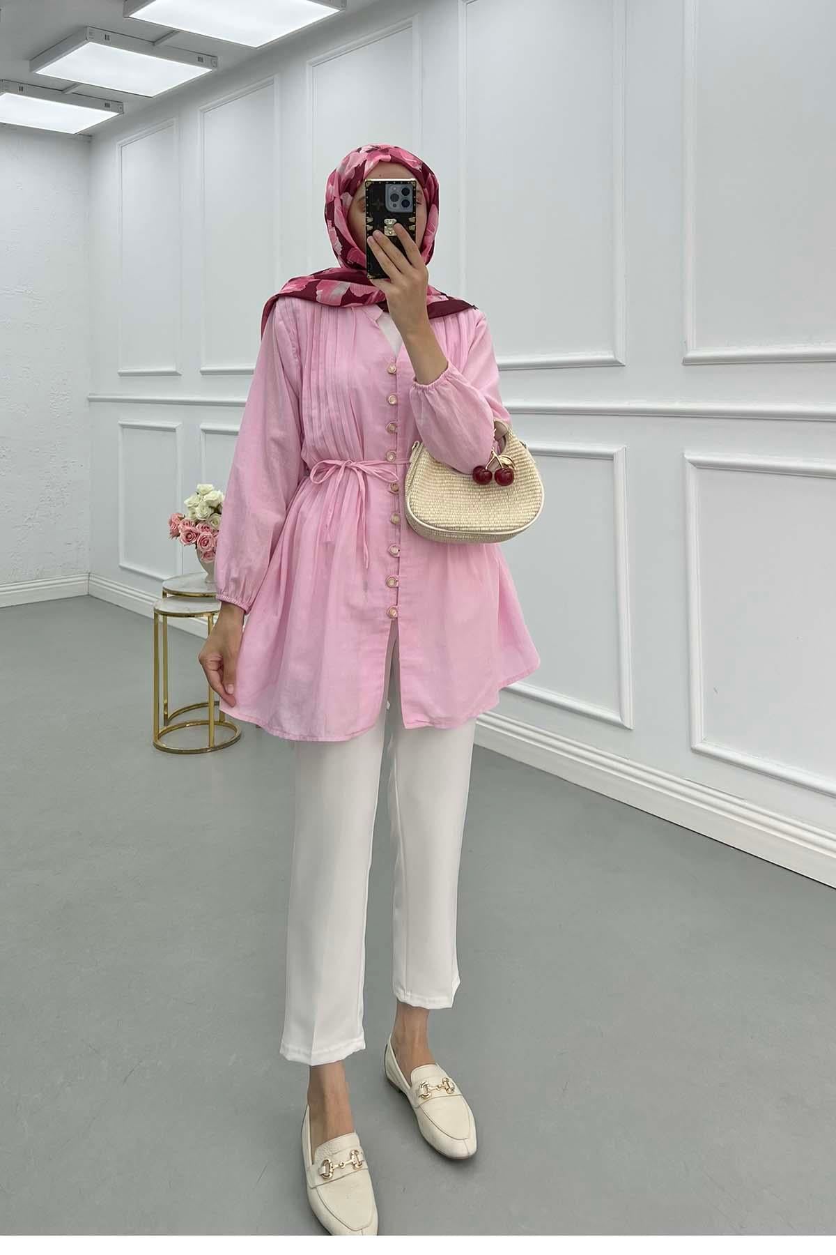 Piliseli Düğme Detaylı Gömlek Pembe