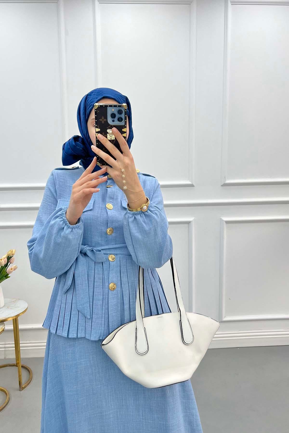 Piliseli Etekli Takım Açık Mavi