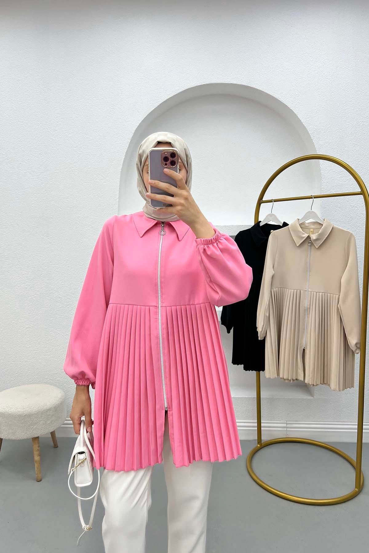 Piliseli Fermuarlı Tunik Pembe