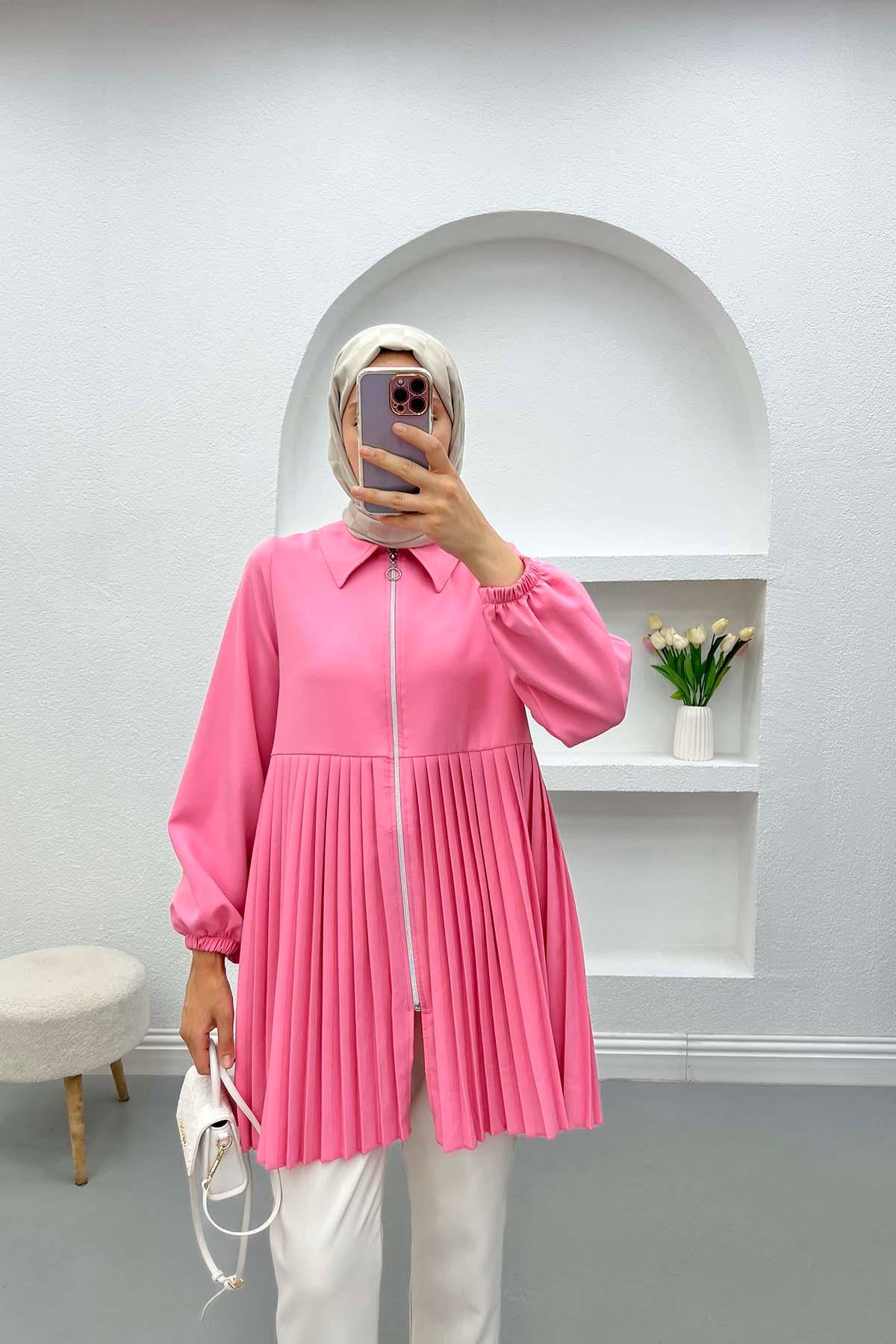 Piliseli Fermuarlı Tunik Pembe