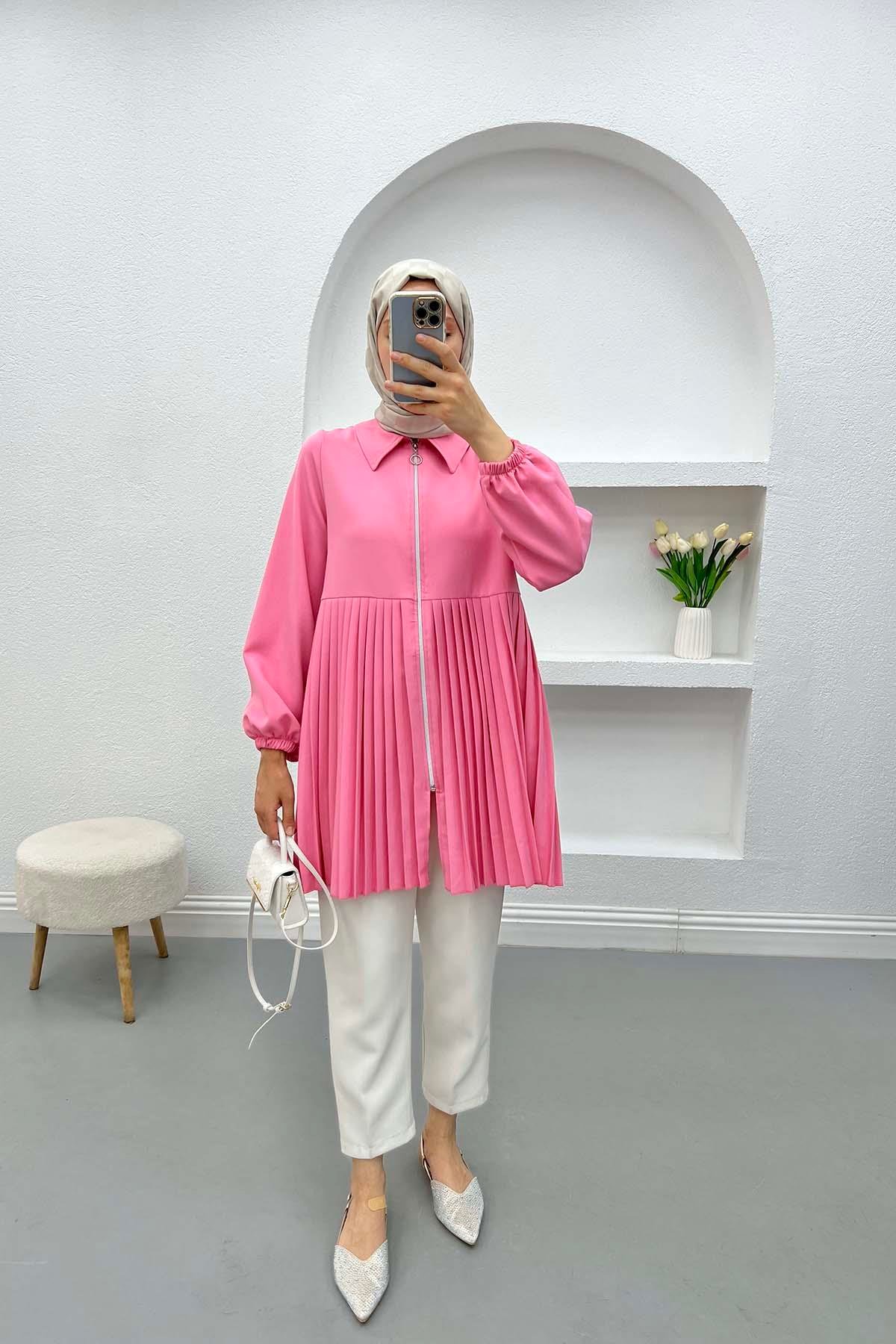 Piliseli Fermuarlı Tunik Pembe
