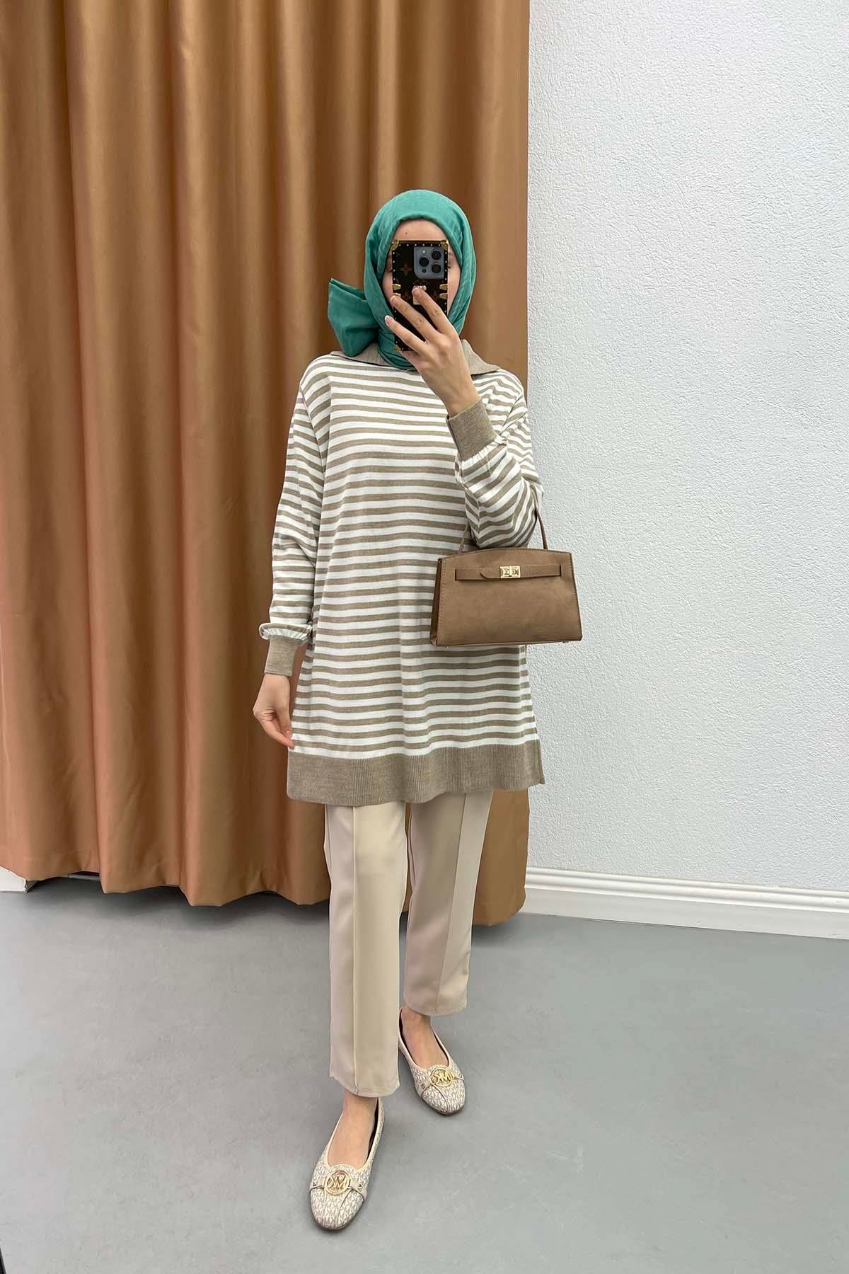 Polo Yaka Çizgili Tunik Bej