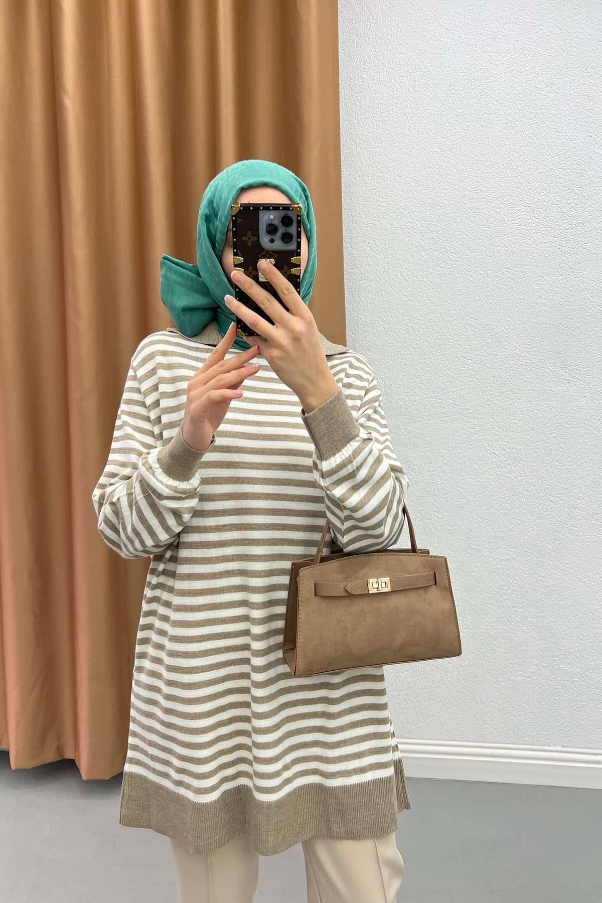 Polo Yaka Çizgili Tunik Bej