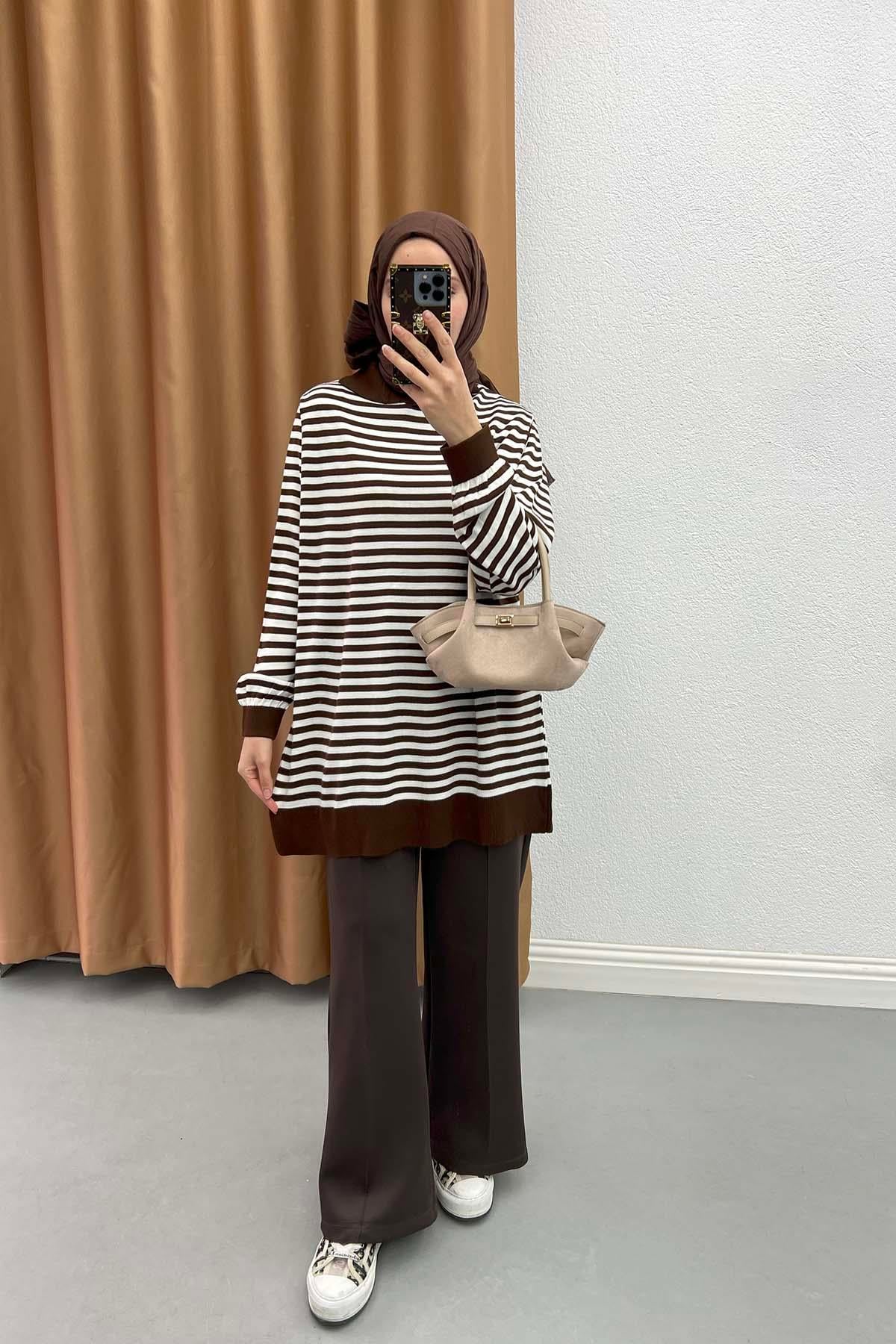 Polo Yaka Çizgili Tunik Kahve