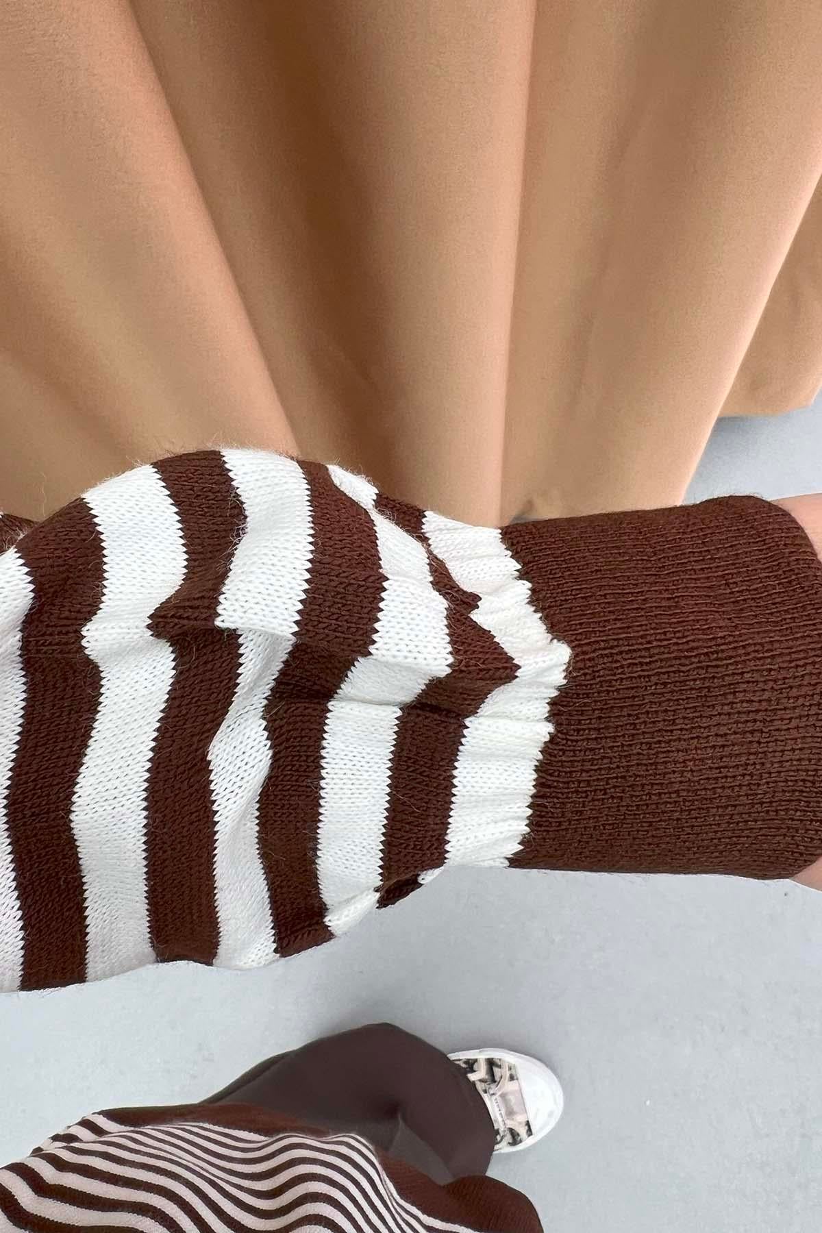 Polo Yaka Çizgili Tunik Kahve