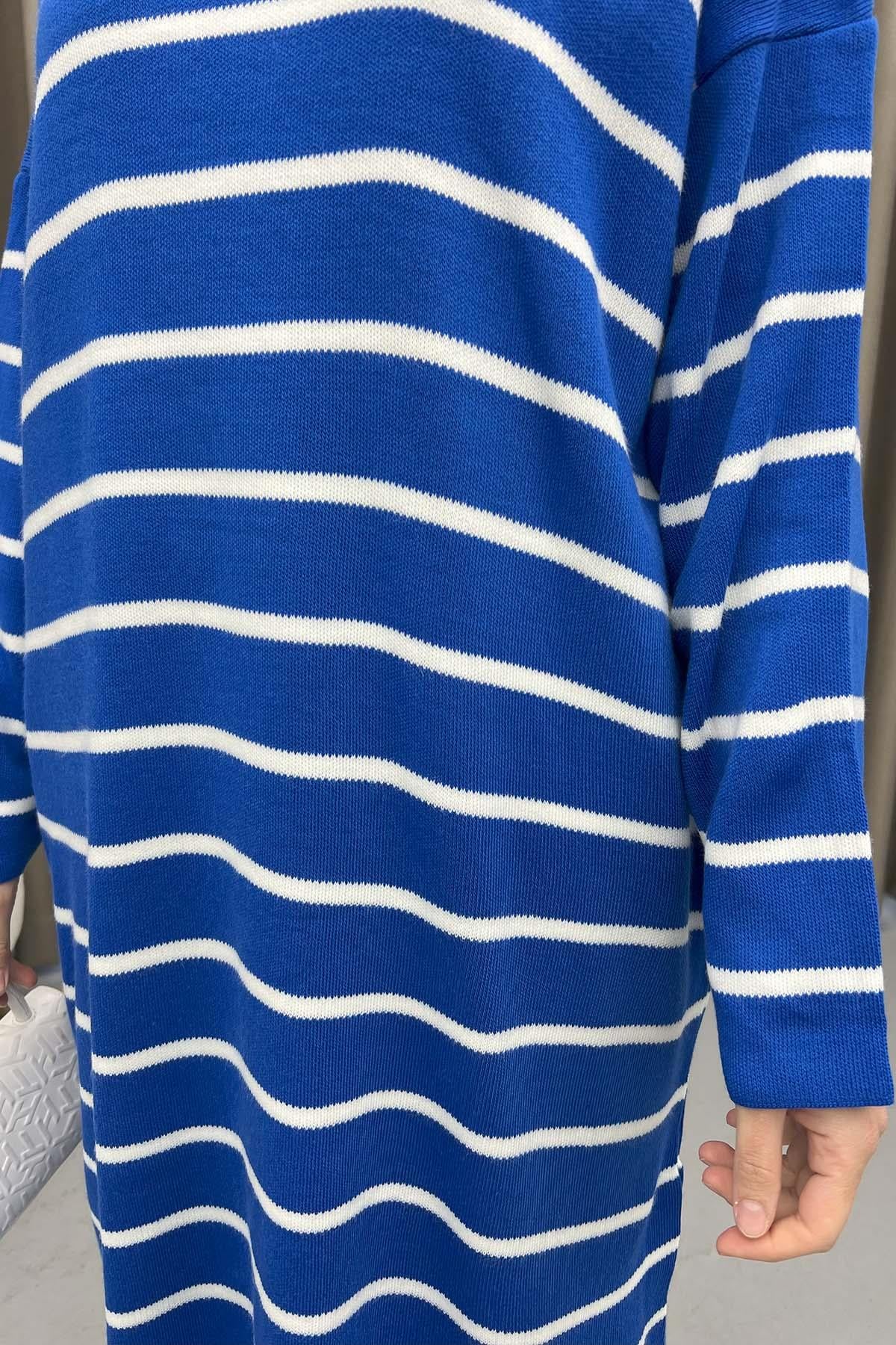 Polo Yaka Çizgili Tunik Saks Mavi