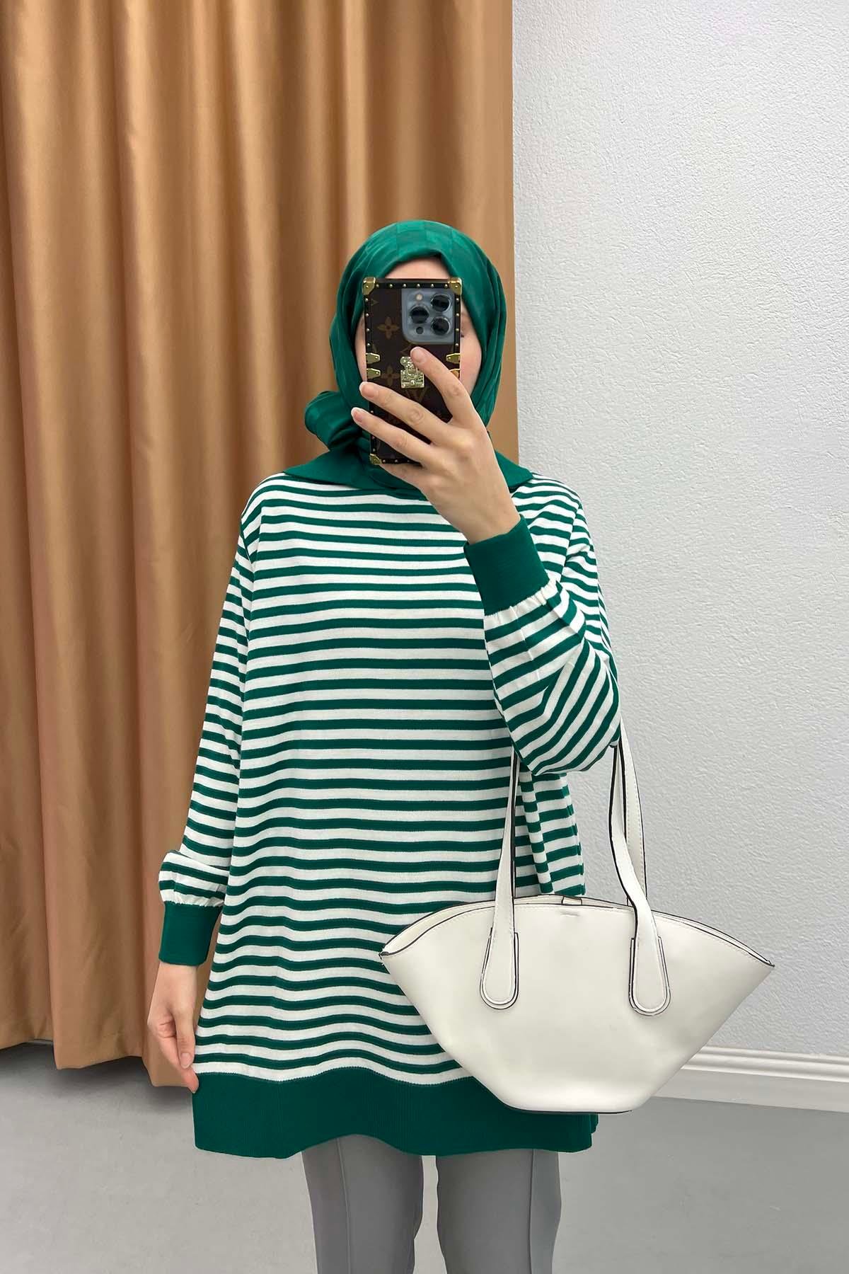 Polo Yaka Çizgili Tunik Zümrüt Yeşili
