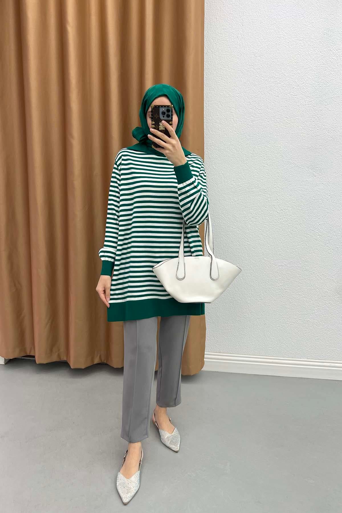 Polo Yaka Çizgili Tunik Zümrüt Yeşili