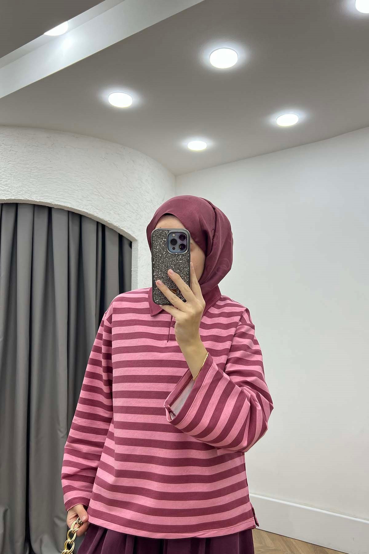 Polo Yaka Düğmeli Çizgili Sweatshirt Pembe - Mürdüm