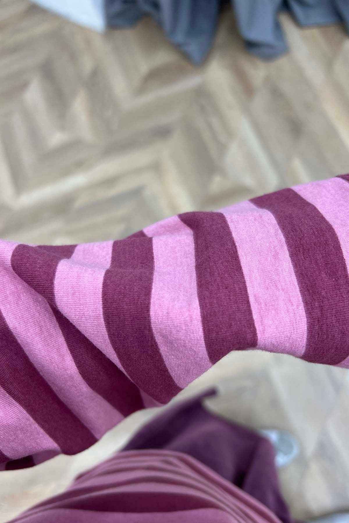 Polo Yaka Düğmeli Çizgili Sweatshirt Pembe - Mürdüm