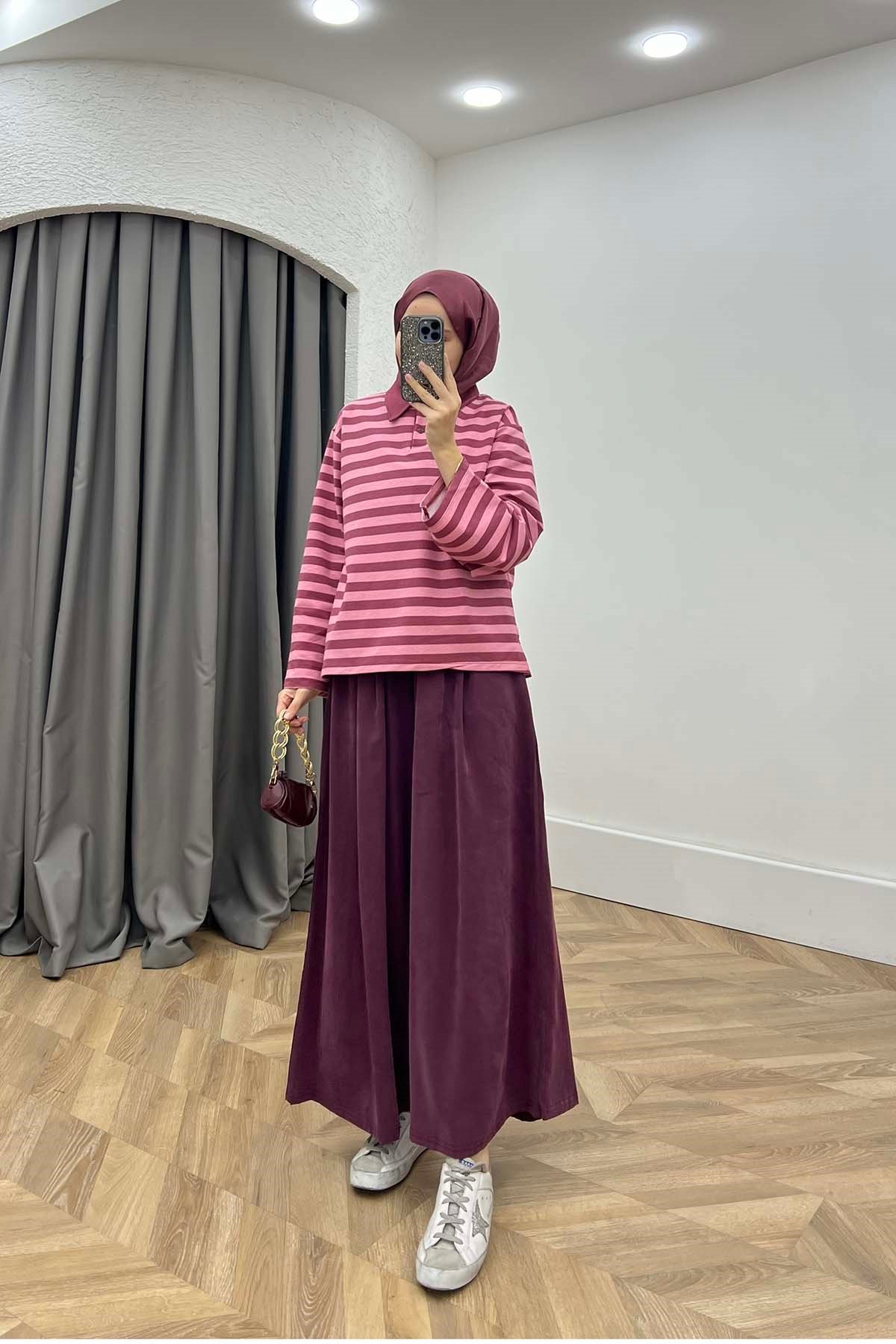 Polo Yaka Düğmeli Çizgili Sweatshirt Pembe - Mürdüm