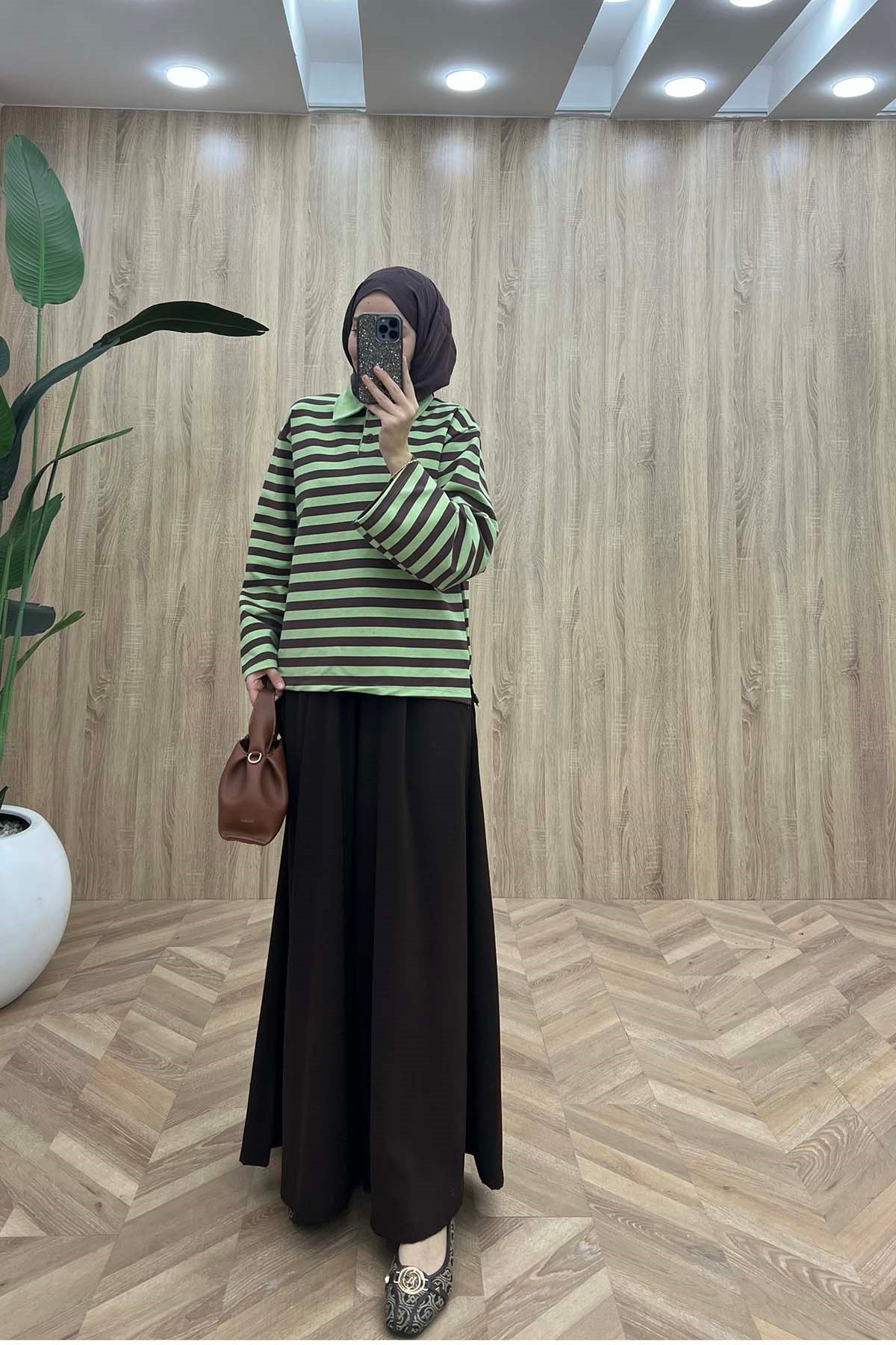 Polo Yaka Düğmeli Çizgili Sweatshirt Yeşil - Kahve