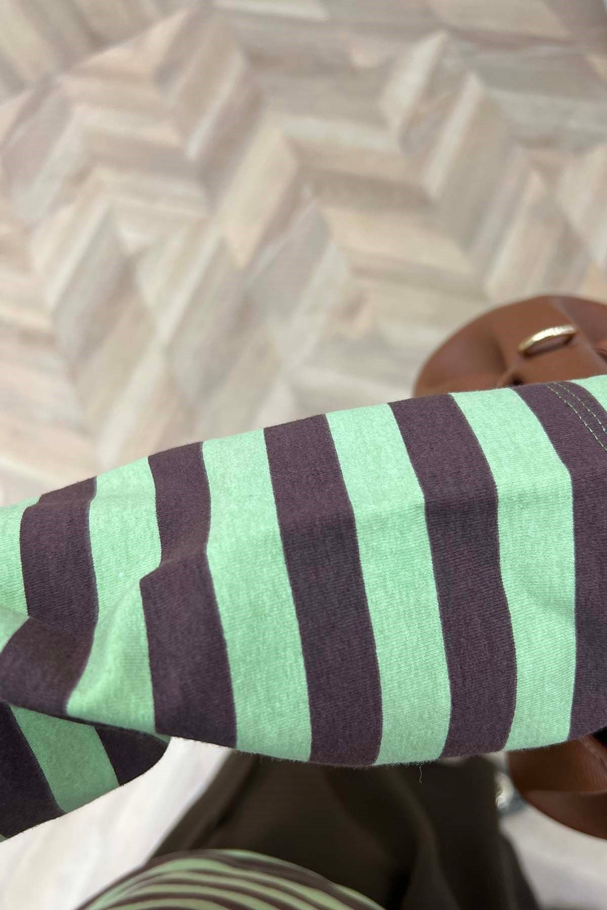 Polo Yaka Düğmeli Çizgili Sweatshirt Yeşil - Kahve