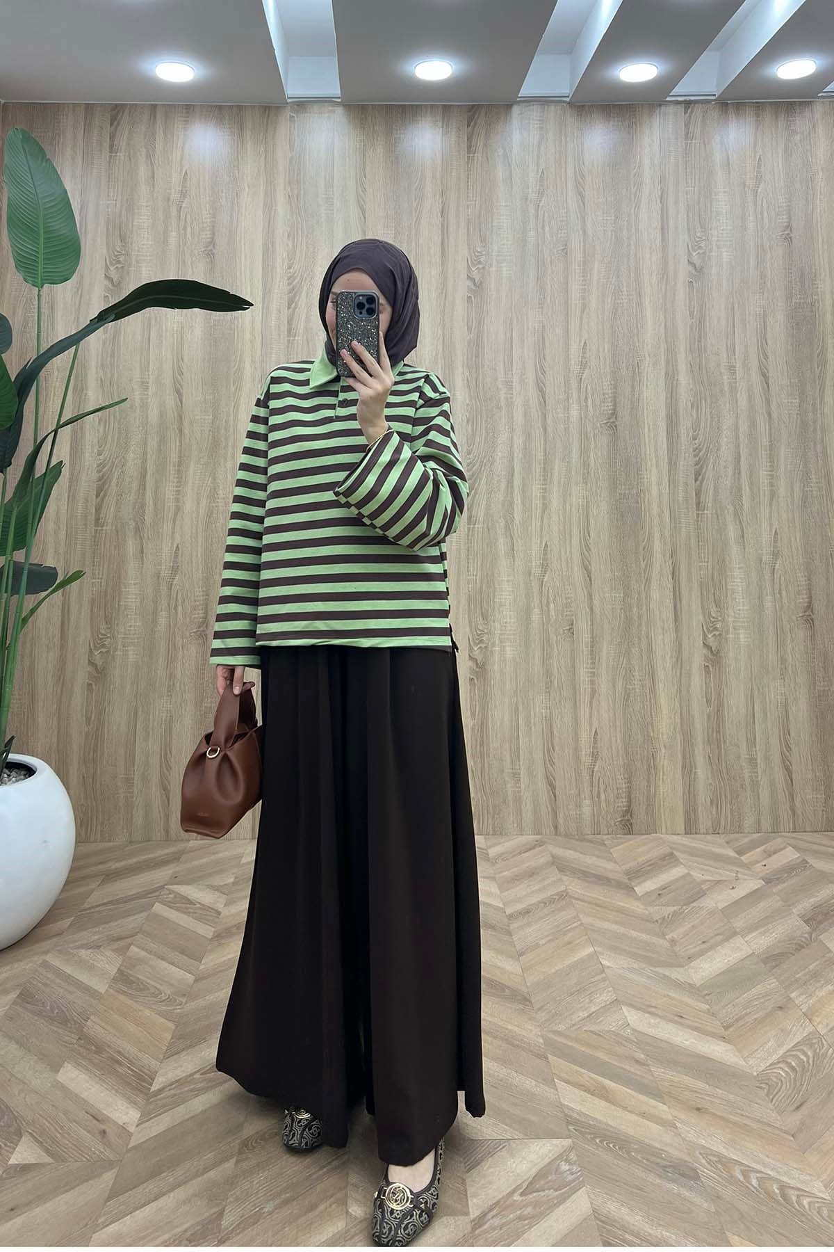 Polo Yaka Düğmeli Çizgili Sweatshirt Yeşil - Kahve