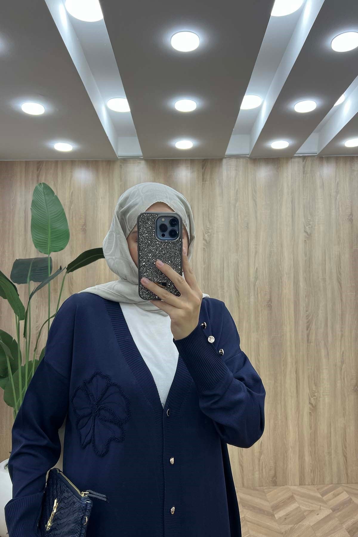 POLYELİD UZUN NAKIŞLI HIRKA Lacivert