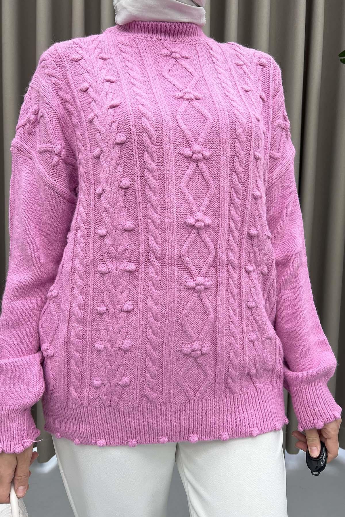 Ponponlu Örgülü Kazak Pembe