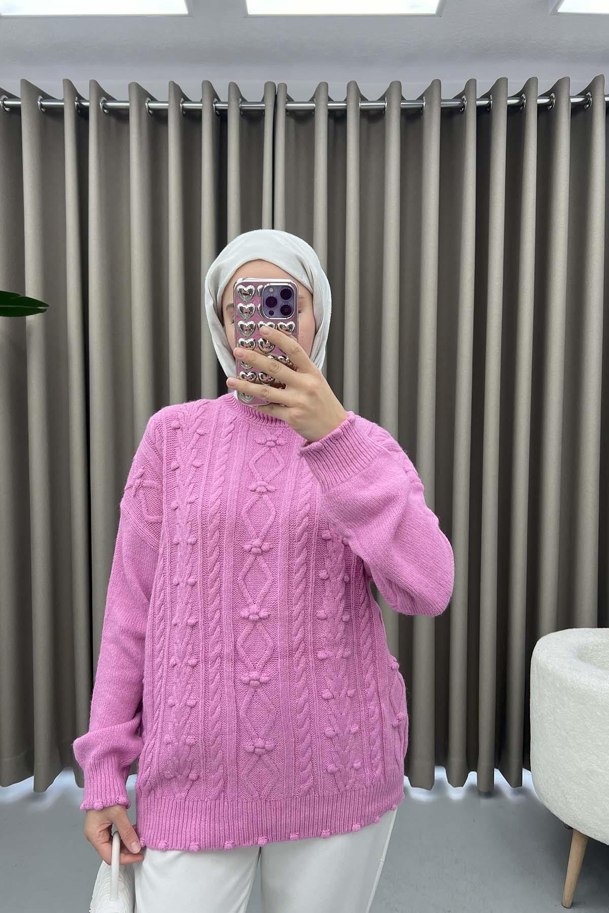 Ponponlu Örgülü Kazak Pembe