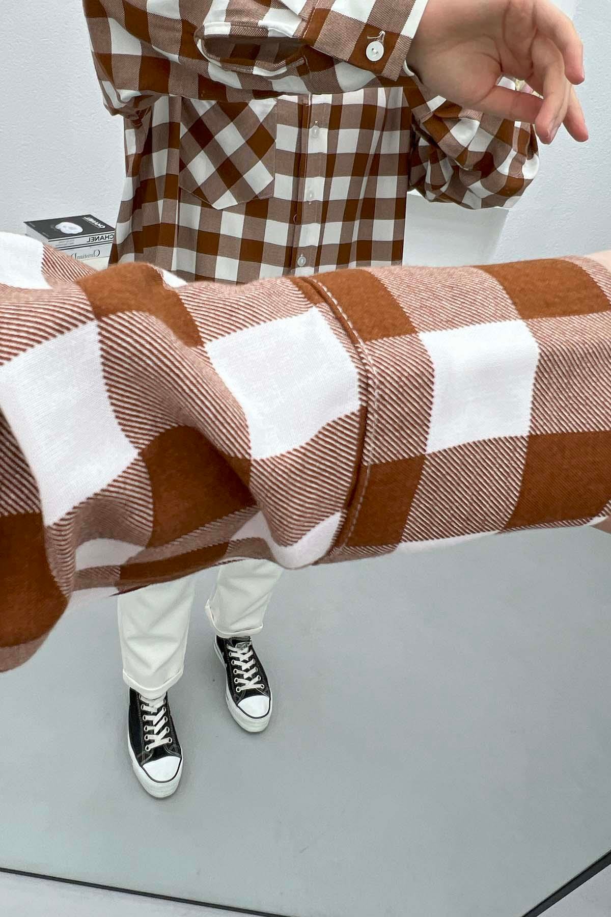 Pötikareli Oversize Gömlek Kahve