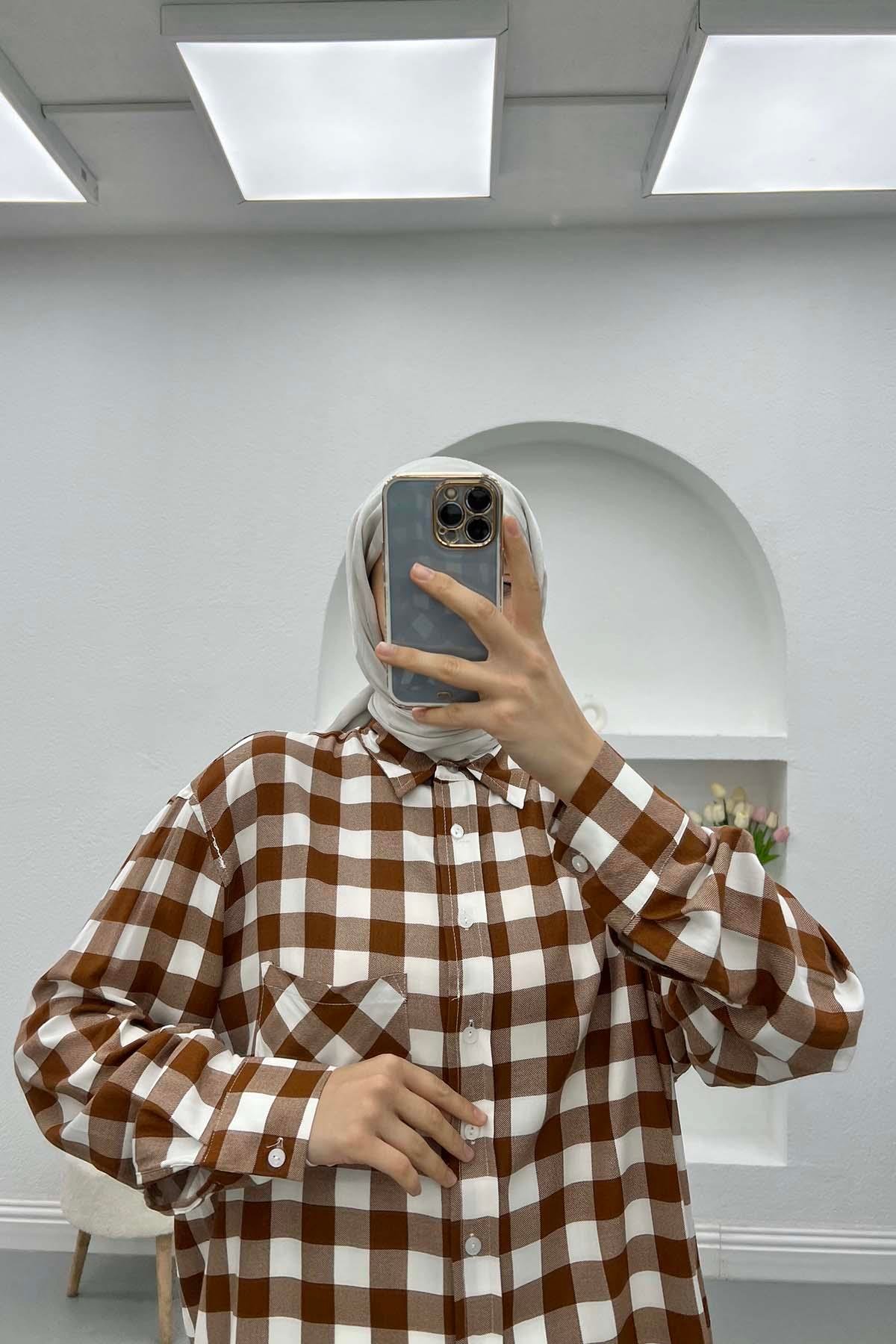Pötikareli Oversize Gömlek Kahve