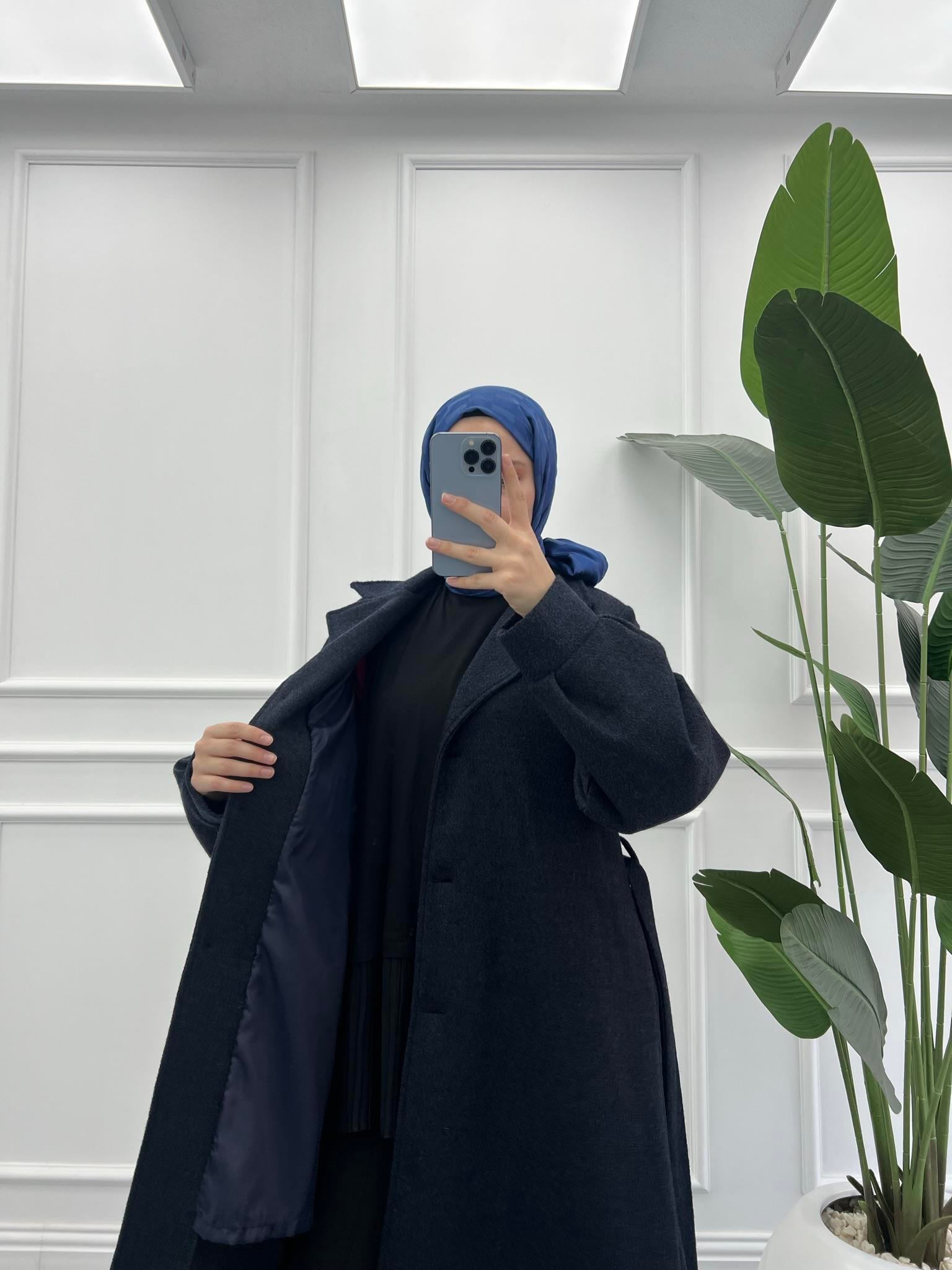 Premium Kırçıllı Balon Kol Kaşe Kaban Koyu Lacivert