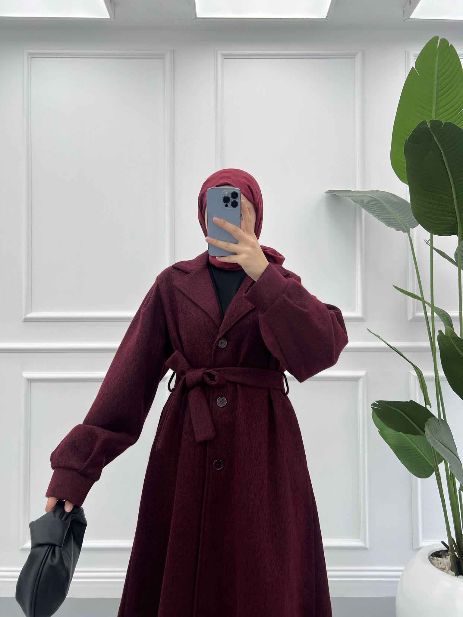 Premium Kırçıllı Balon Kol Kaşe Kaban Bordo