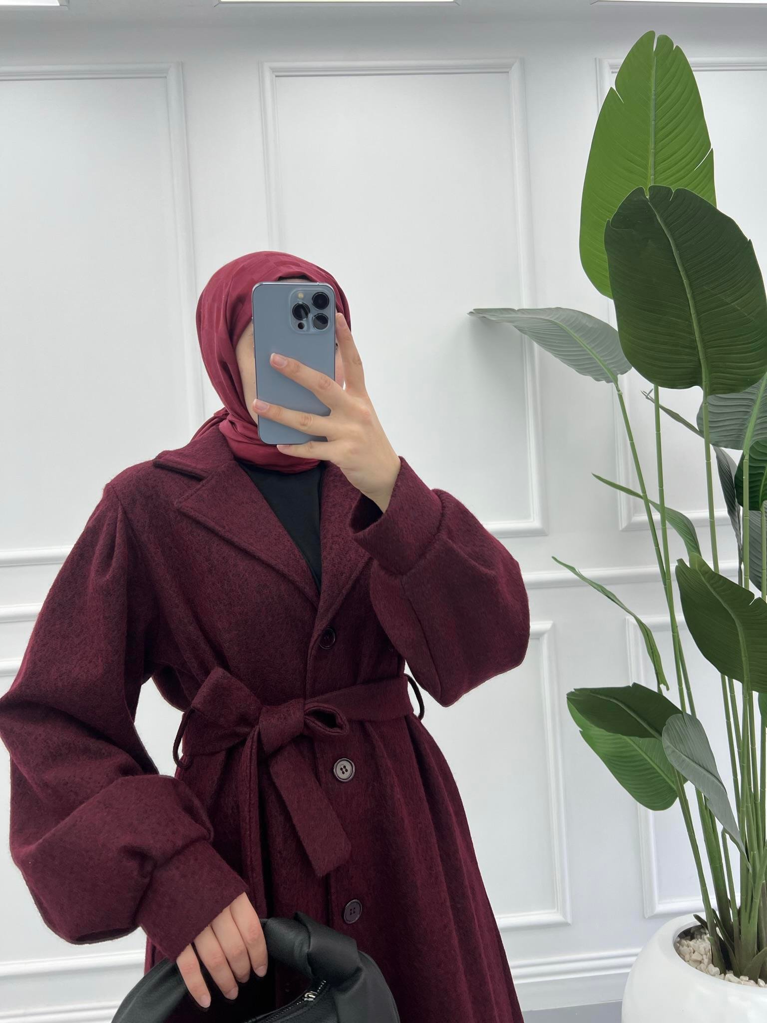 Premium Kırçıllı Balon Kol Kaşe Kaban Bordo