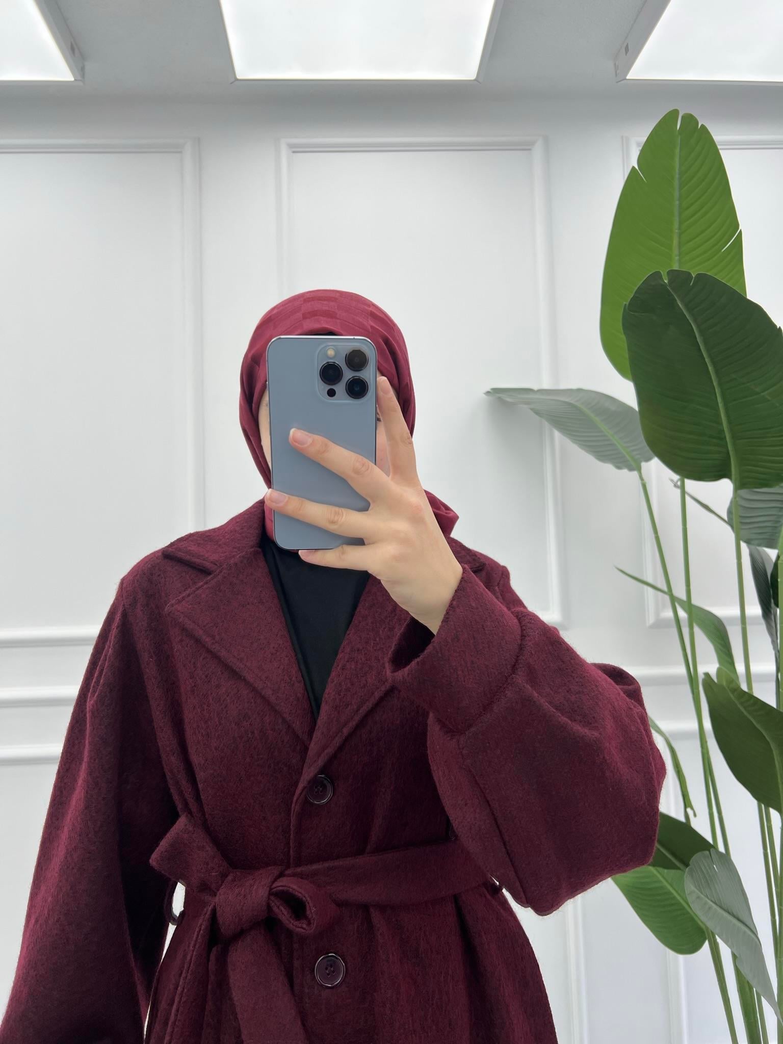 Premium Kırçıllı Balon Kol Kaşe Kaban Bordo
