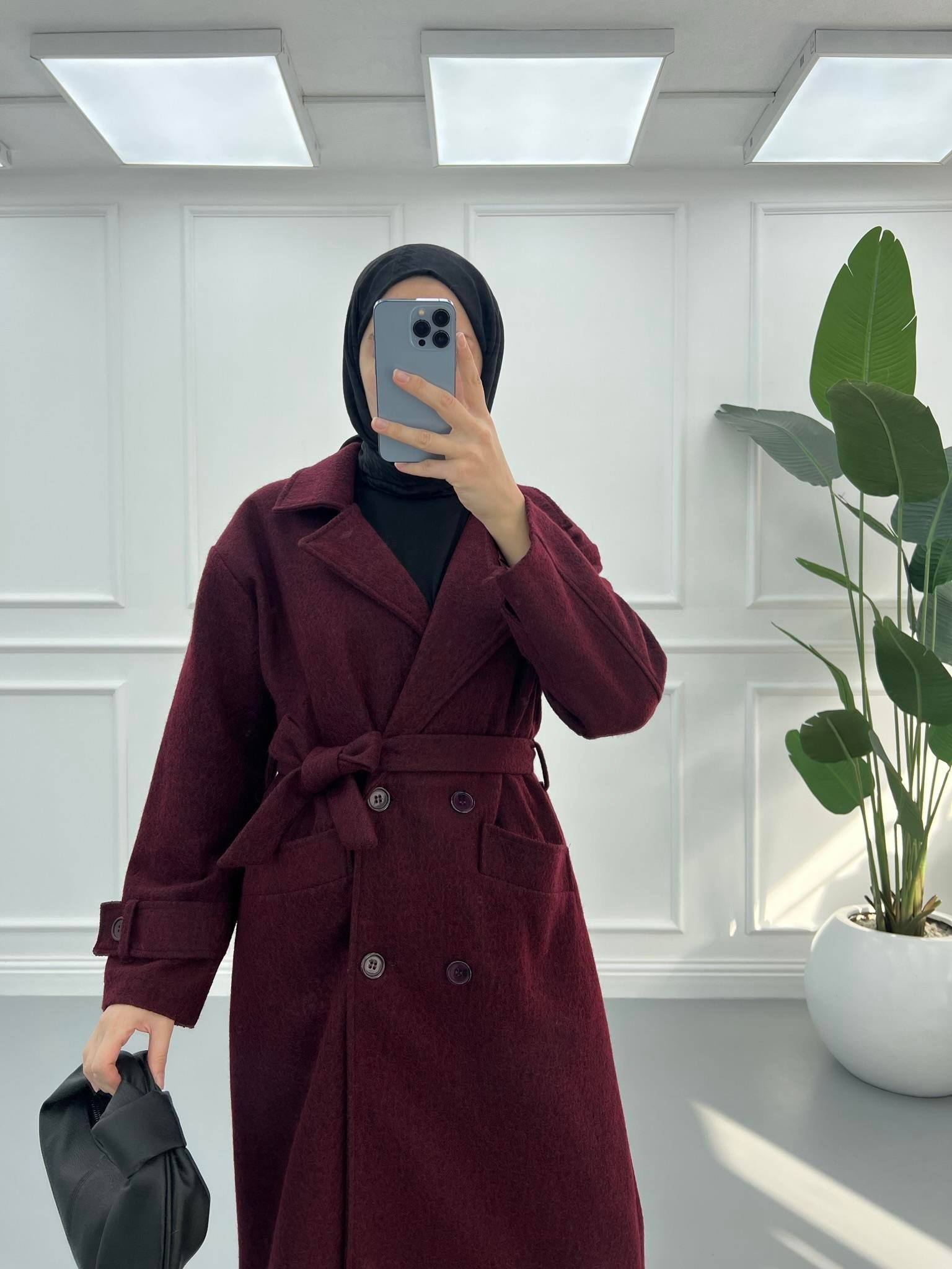 Premium Manşetli Kaşe Kaban Bordo