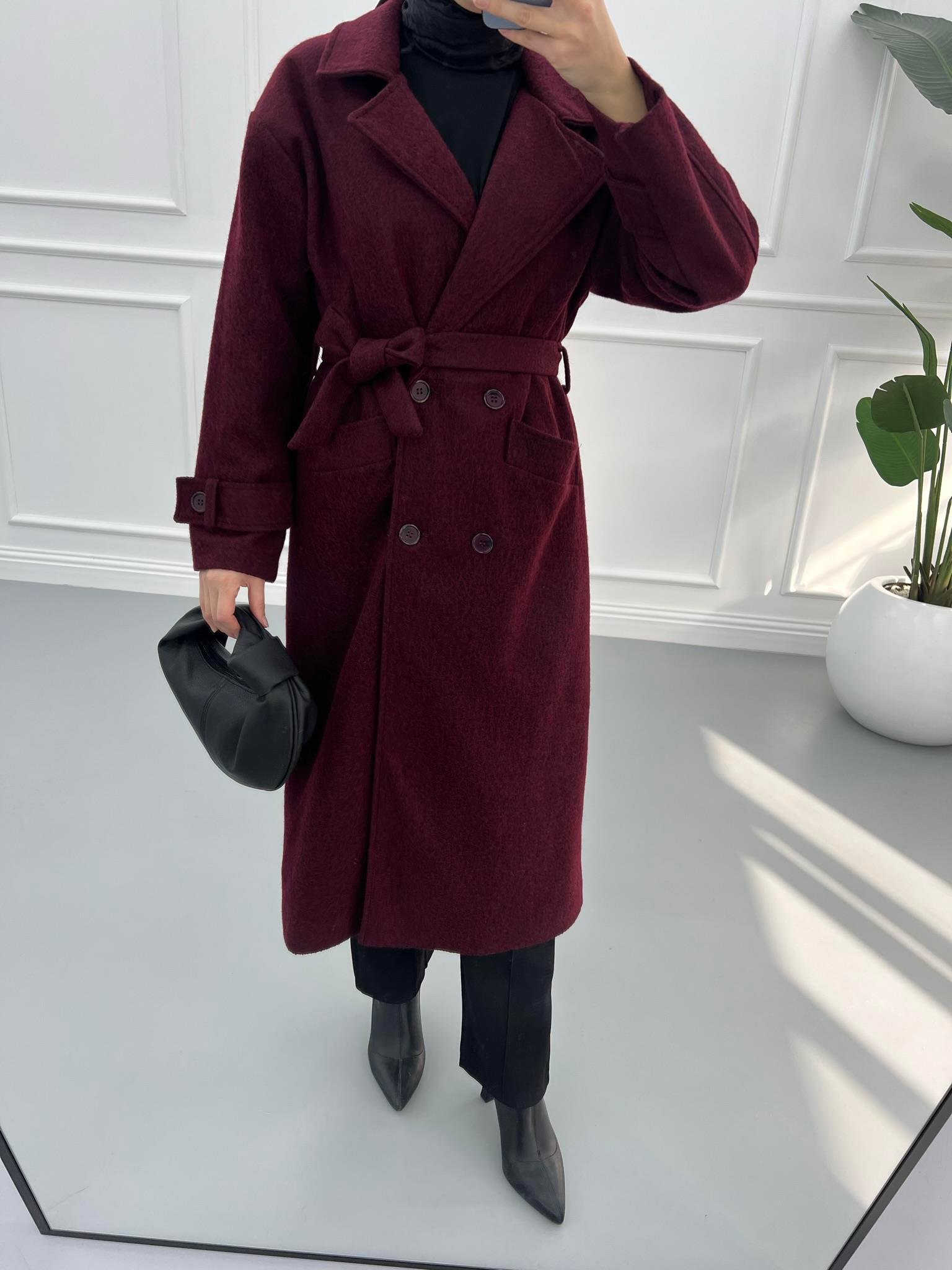 Premium Manşetli Kaşe Kaban Bordo
