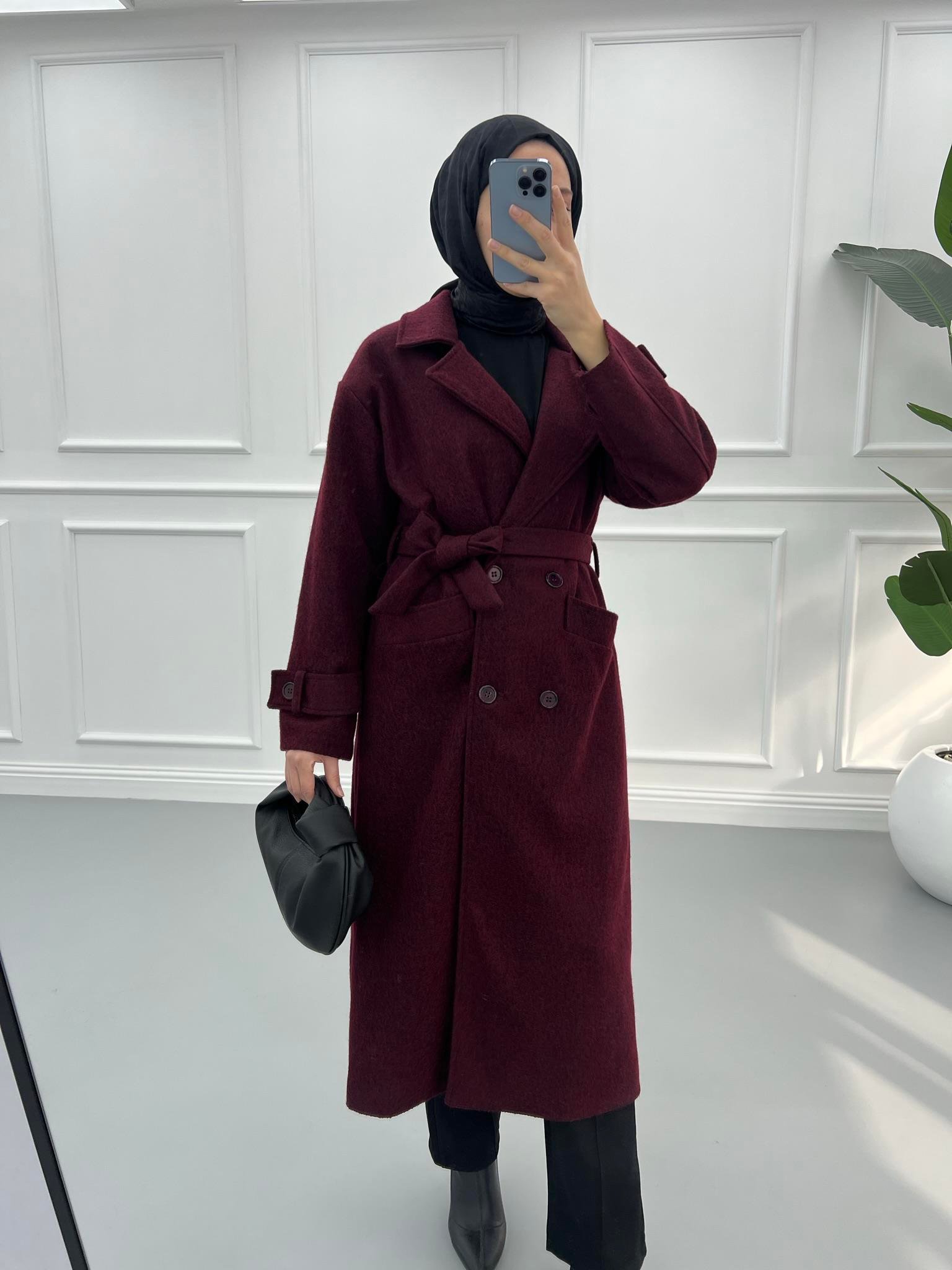 Premium Manşetli Kaşe Kaban Bordo