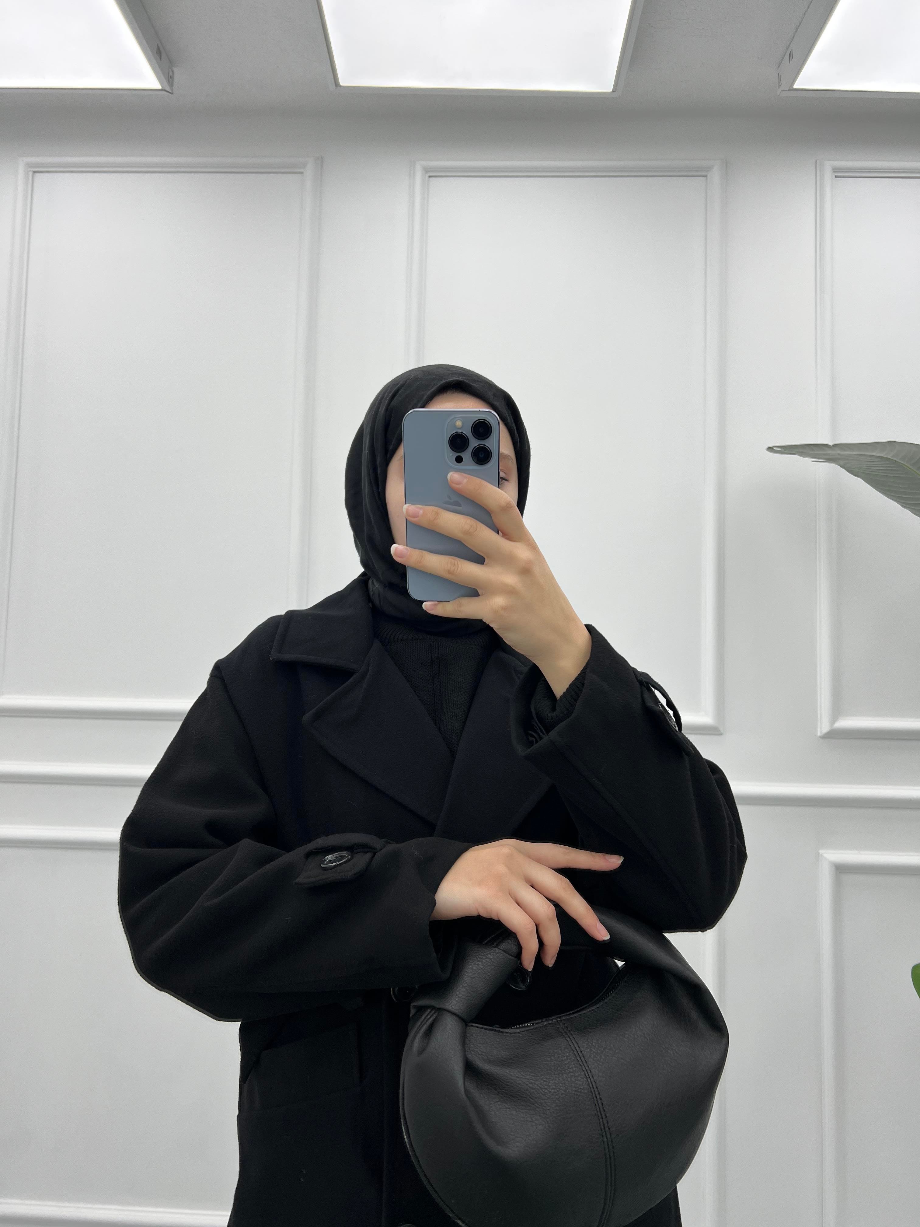 Premium Manşetli Kaşe Kaban Siyah
