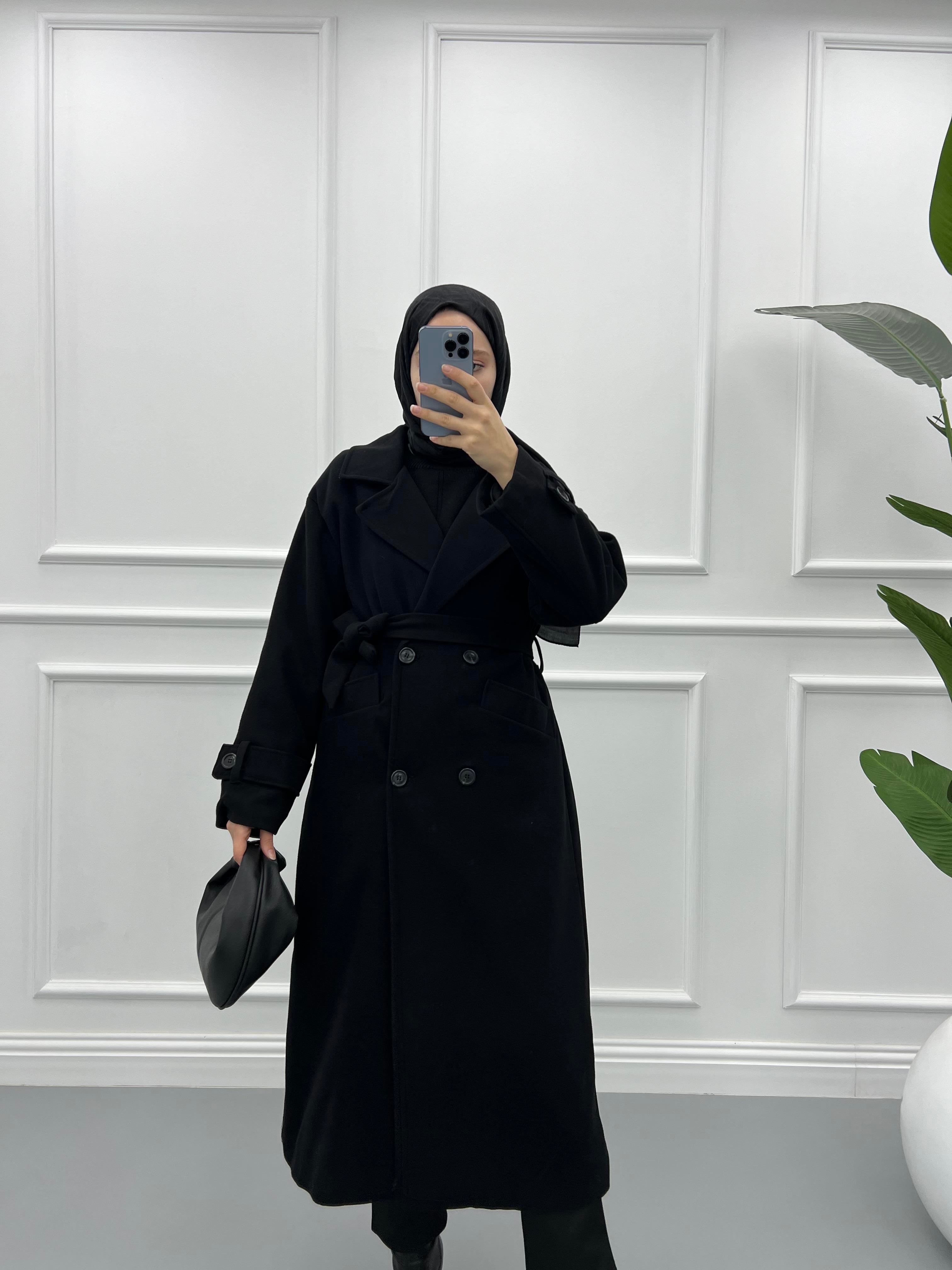 Premium Manşetli Kaşe Kaban Siyah
