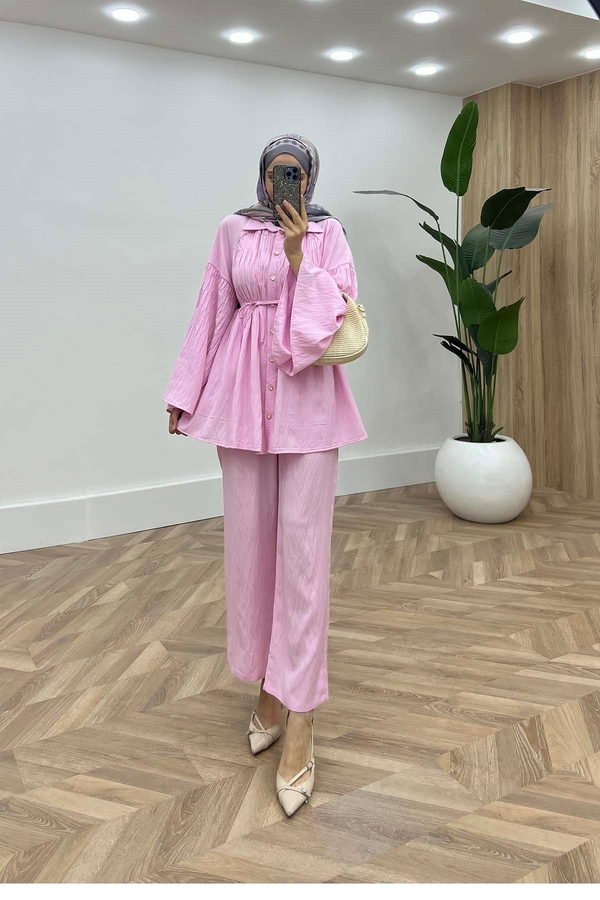 Prenses Pile Dokulu Belden Bağlamalı İkili Takım Pembe