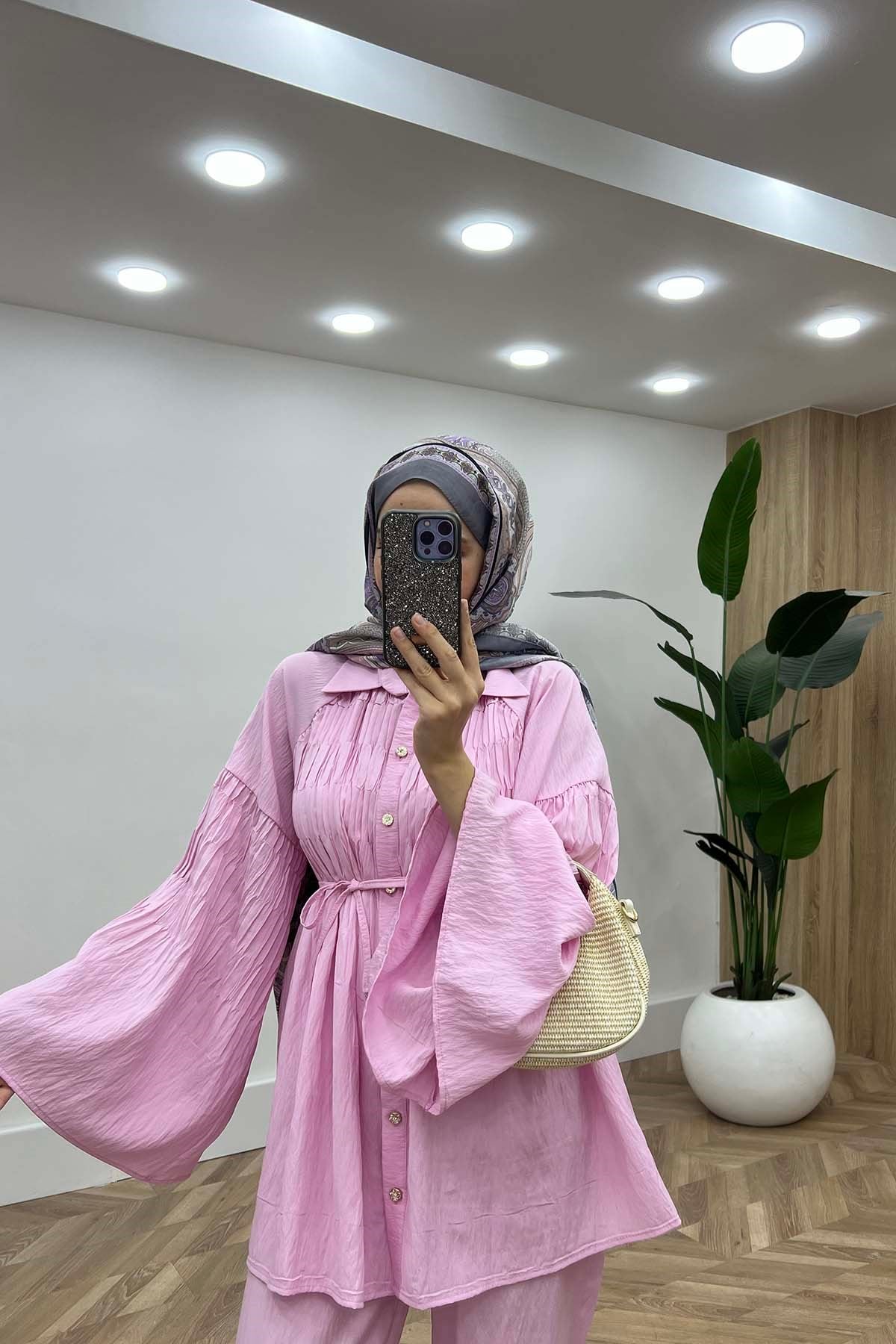 Prenses Pile Dokulu Belden Bağlamalı İkili Takım Pembe