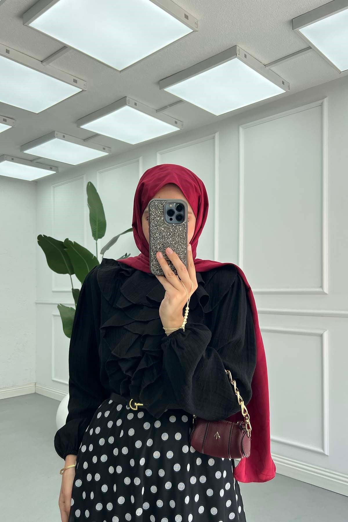 Puantiye Desenli Beli Lastikli Tül Etek Siyah
