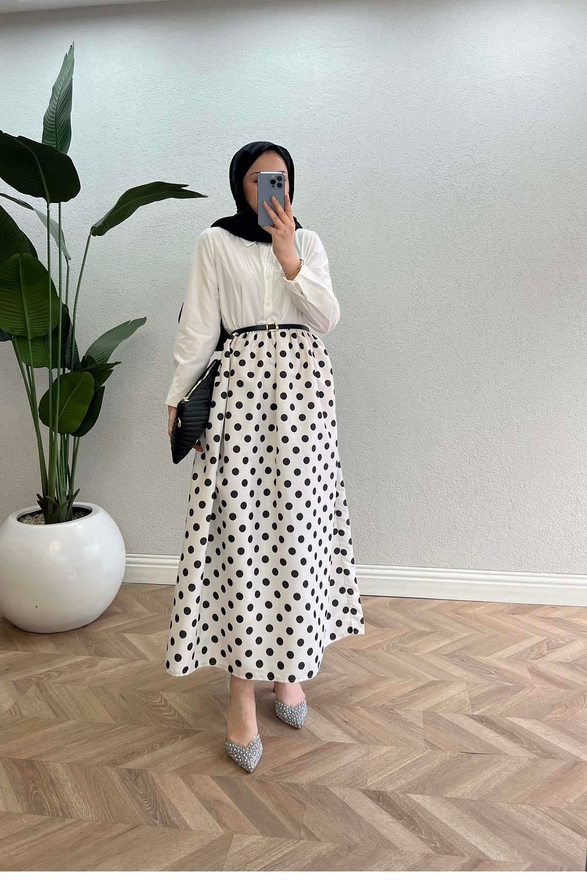 Puantiyeli Kemerli Retro Elbise Beyaz