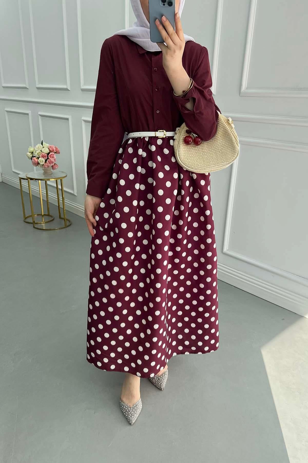 Puantiyeli Kemerli Retro Elbise Bordo