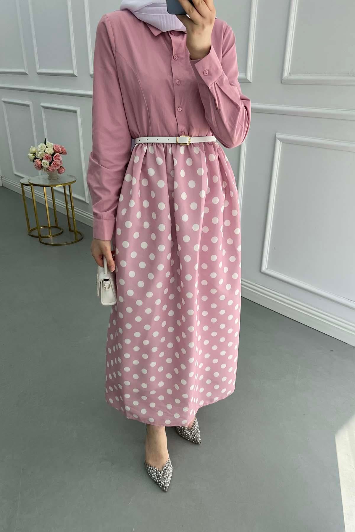 Puantiyeli Kemerli Retro Elbise Pembe