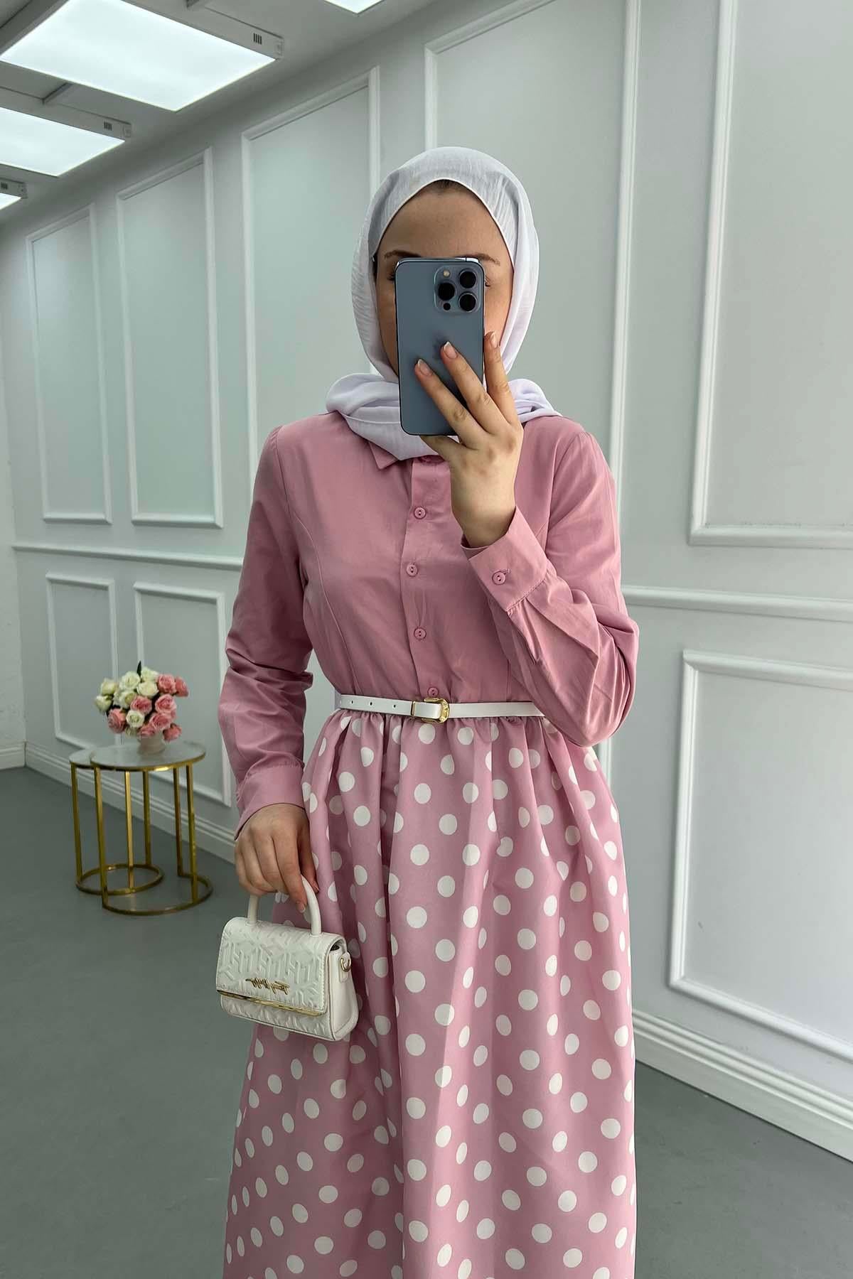 Puantiyeli Kemerli Retro Elbise Pembe