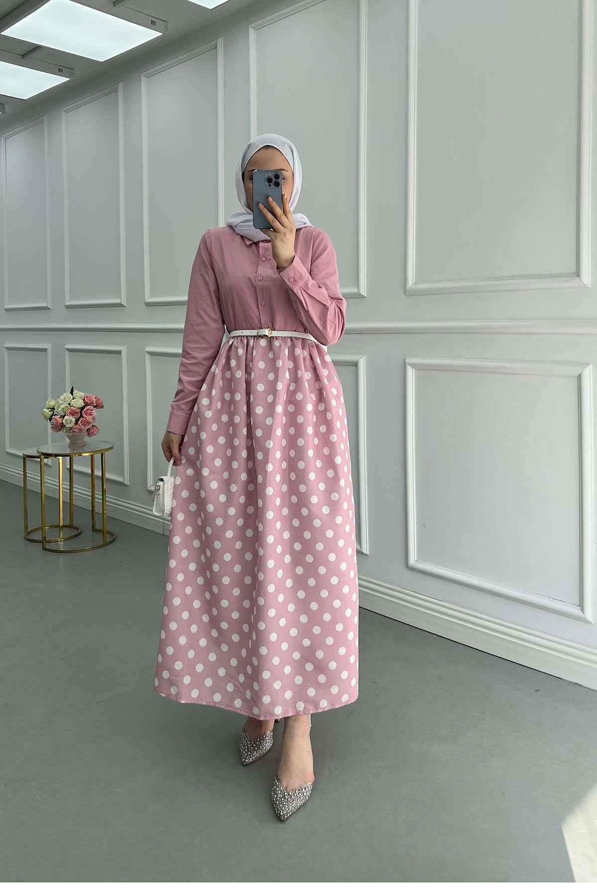 Puantiyeli Kemerli Retro Elbise Pembe