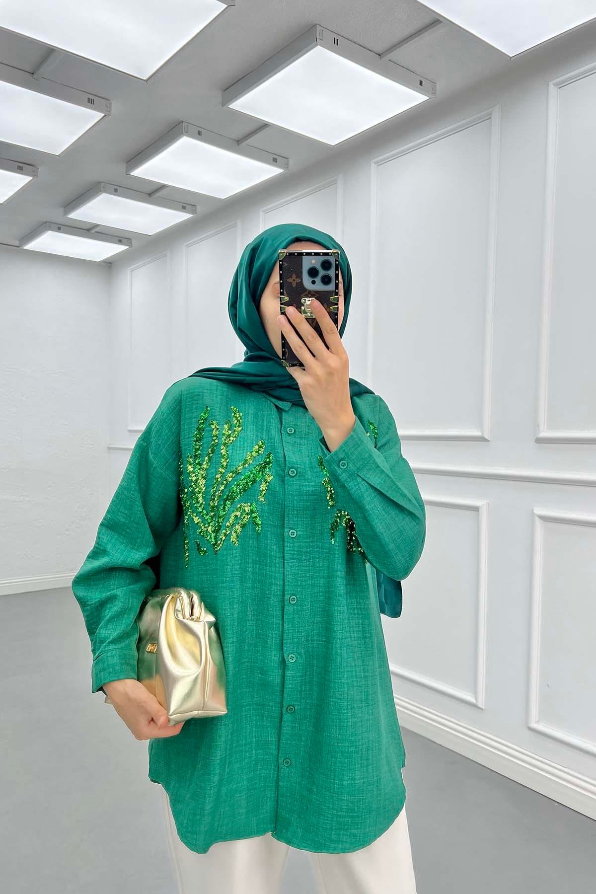 Pul Desenli Gömlek Benetton Yeşil