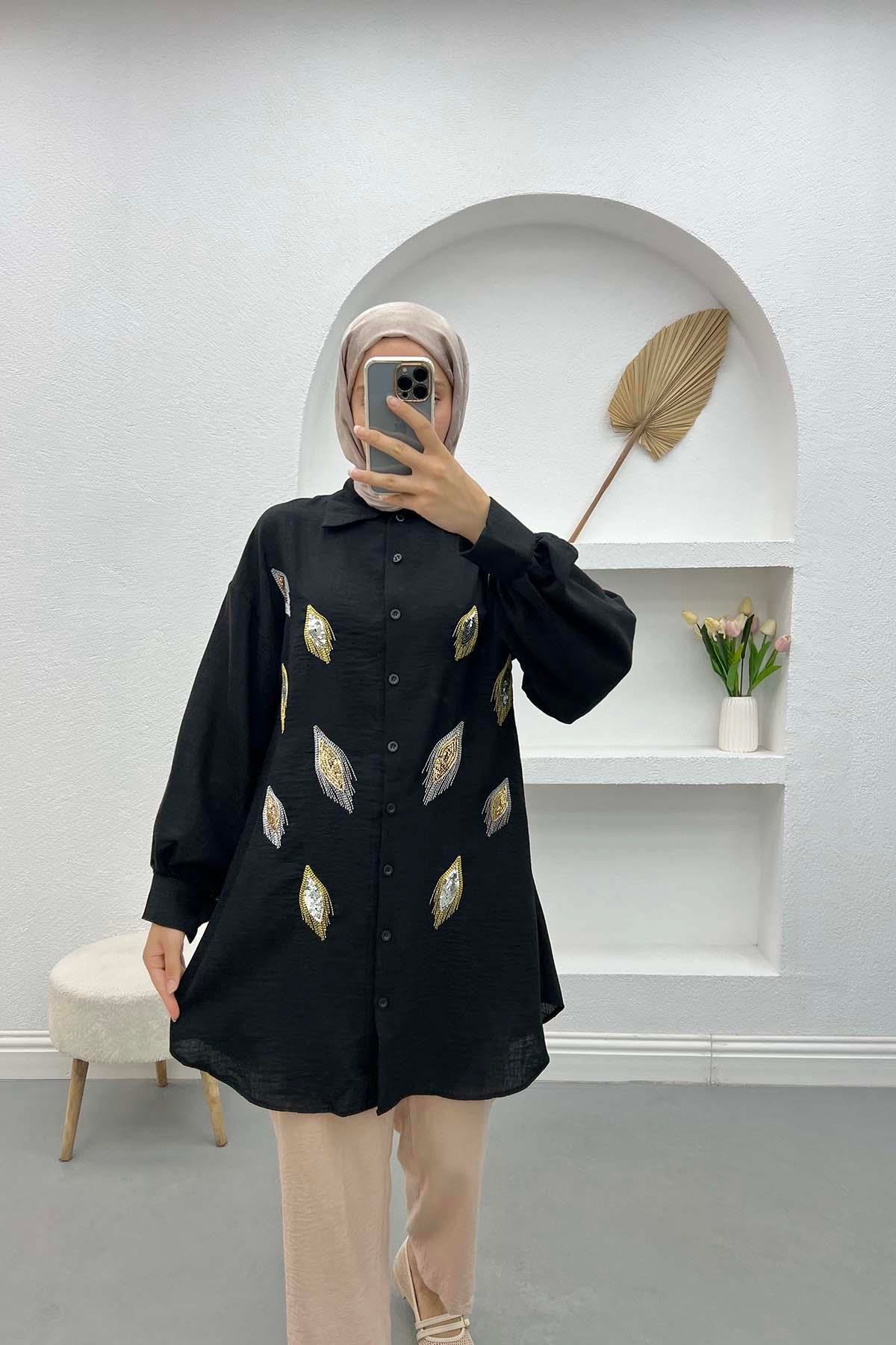 Pul Detaylı Gömlek Siyah