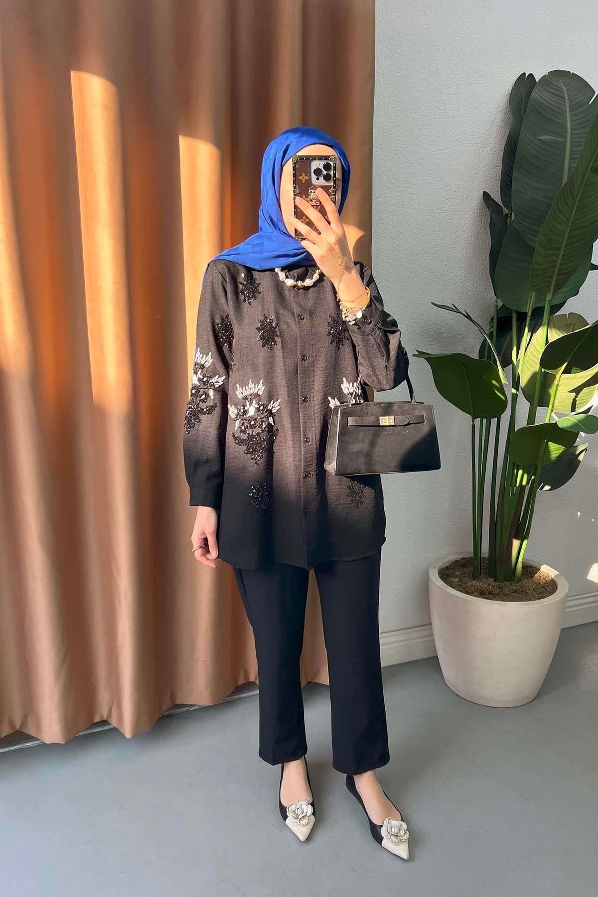 Pul ve Nakış Detaylı Gömlek Siyah