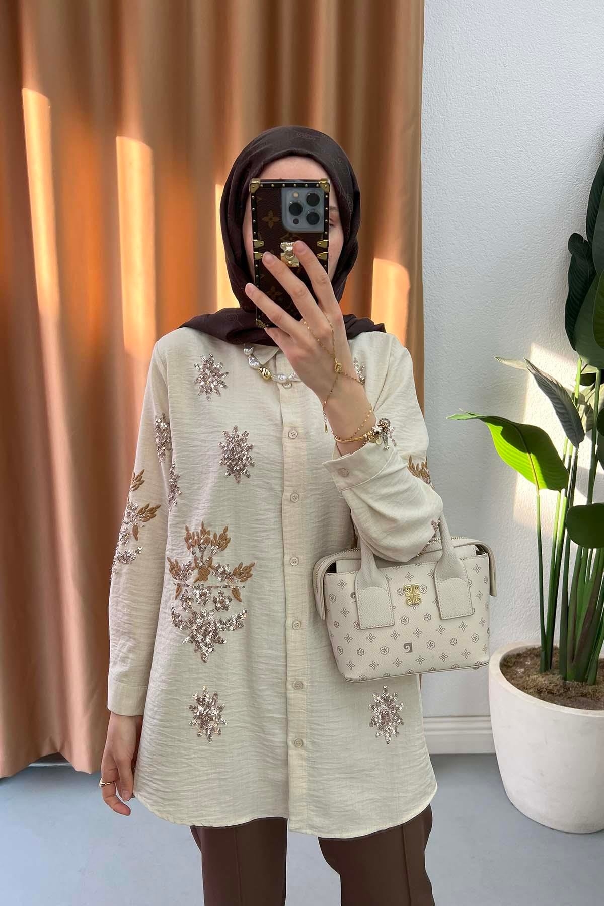 Pul ve Nakış Detaylı Gömlek Taş