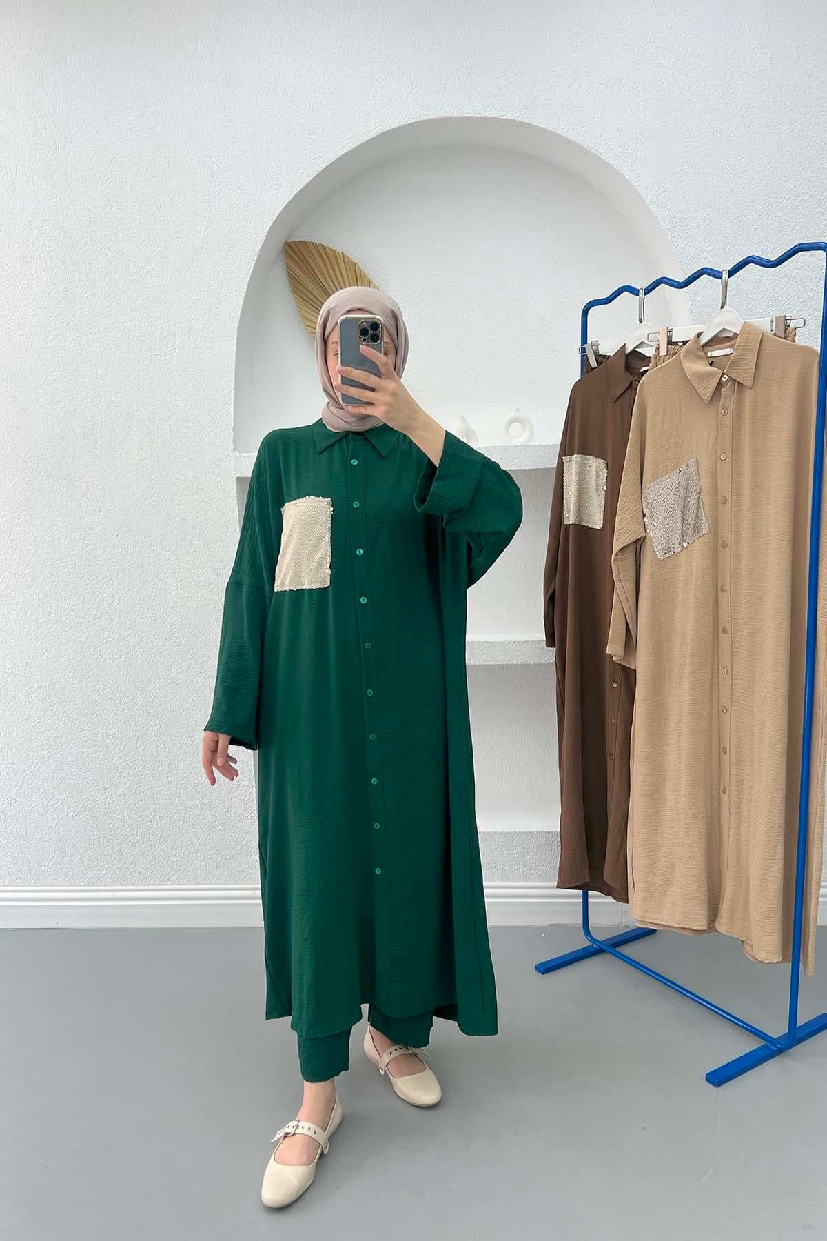 Pullu Tunik Takım Zümrüt Yeşili