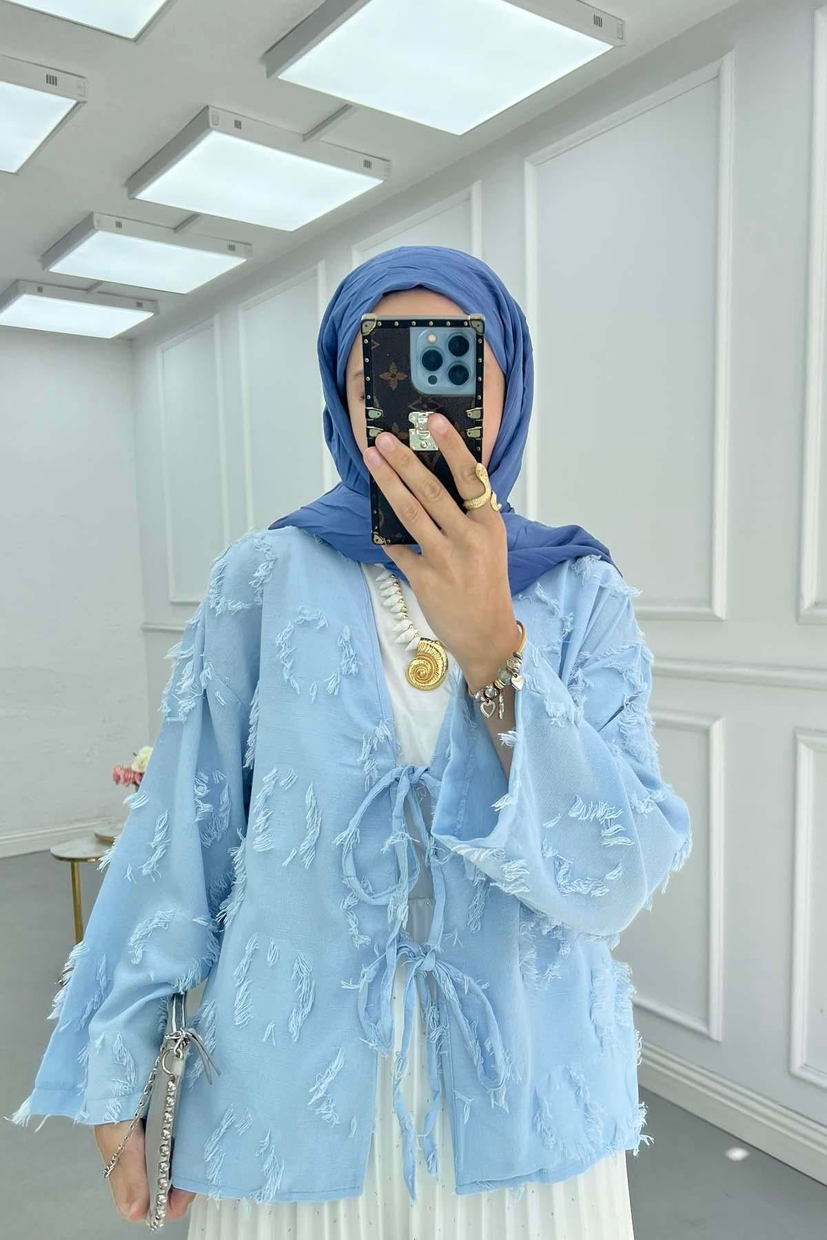 Püsküllü Bağlamalı Kimono Bebe Mavi